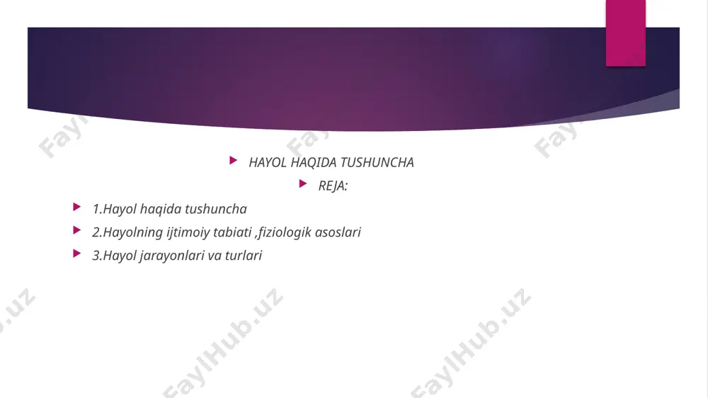 obrazlarini tuzish inson aqliy taraqqiyotining yuqori darajasidagina amalga oshishi mumkin. ko‘p hollarda xayol yangi echimni topish zaruriyati tug‘ilganida, ya’ni, harakatdan o‘zib ketgan holda aks ettirish talab etilgan muammoli vaziyatda yuzaga keladi. xayol natijasida inson kelajakni oldindan ko‘ra oladi va o‘z hulq-atvorini boshqaradi, atrof-olamni ijodkorlik bilan o‘zgartiradi. xayol – mehnat faoliyatida shakllangan psixik faollikning maxsus tarzda inson tomonidan ifodalanishi. xayol voqelikni avvaldan aks ettirishni ta’minlaydi, bunda o‘tmishning kelajakdagi proeksiyasi hosil qilinadi. xayol insonga vaziyatda yo‘l topishga va bevosita amaliy harakatlarning aralashuvisiz masalalarni hal etish imkonini yaratuvchi ko‘rgazmali-obrazli tafakkurning asosi bo‘lib xizmat qiladi. xayol obrazlari faqat insonda mavjud bo‘lgan real olam obrazlarining alohida tomonlarini qayta ishlab chiqish yo‘li bilan yaratiladi. xayol doimo insonning amaliy faoliyatiga yo‘naltirilgan bo‘ladi. inson biror harakatni amalga oshirishdan avval, uni qanday bajarish zarurligi va uni qanday bajarishini tasavvur qiladi. shunday qilib, u avvaldan keyinchalik sodir bo‘ladigan amaliy faoliyatda ishlab chiqariladigan moddiy jism obrazini yaratadi. xayol faoliyati inson hissiy …