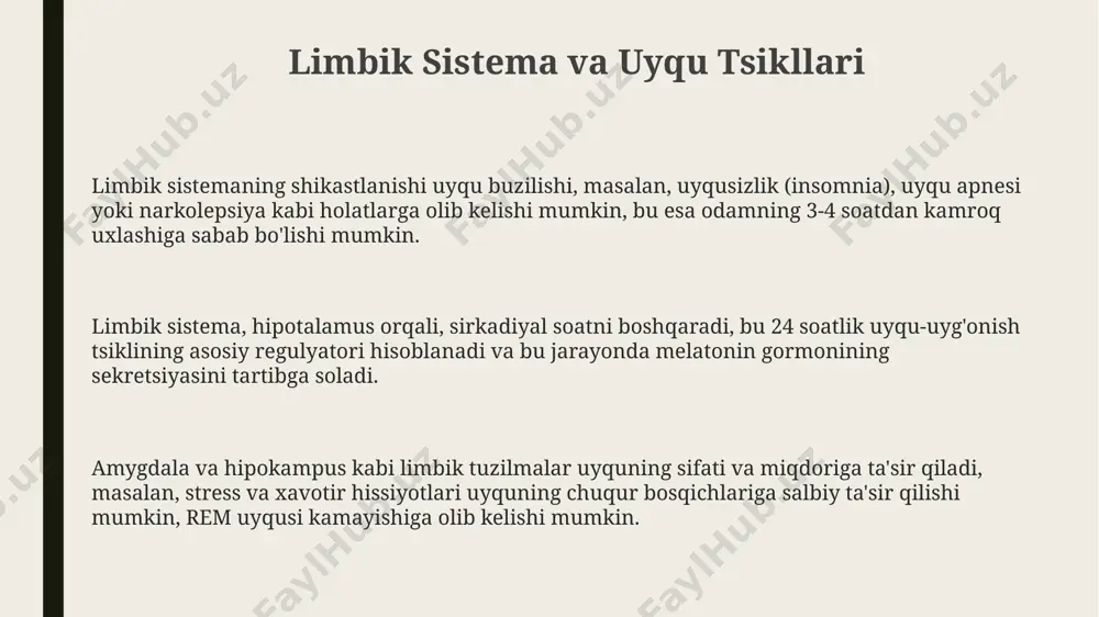 a, xotira buzilishi, hissiy beqarorlik va avtonom nerv sistemasining ishlamay qolishi kabi 20 dan ortiq turli xil nevrologik kasalliklar paydo boʻlishi mumkin. ushbu sistema yurak urishi, nafas olish va qon bosimini tartibga solish kabi tanadagi 7 ta hayot funksiyasini bevosita boshqaradi va organizmning ichki muhitini saqlashda ishtirok etadi. limbik sistema, amigdala, hipokampus va gipothalamus kabi 3 ta asosiy tuzilmadan iborat boʻlib, his-tuygʻularni, xotirani va avtonom nerv sistemasini boshqarishda muhim rol oʻynaydi. hipokampusning rolini tushunish гиппокампус 20 dan ortiq turli xil neyronlarni o'z ichiga oladi va bu neyronlarning o'zaro ta'siri xotira konsolidatsiyasi, navigatsiya va fazoviy bilimlarni shakllantirishda muhim rol o'ynaydi. гиппокампусning shikastlanishi anterograd amneziya deb ataluvchi yangi xotiralarni hosil qilish qobiliyatining yo'qolishiga olib kelishi mumkin, bu esa kundalik hayotda jiddiy qiyinchiliklarni keltirib chiqaradi. gipokampusning funksiyasi stress gormonlari, masalan, kortizol kabi moddalar tomonidan tartibga solinadi va surunkali stress gipokampus hujayralariga zarar yetkazishi mumkin, bu esa kognitiv funksiyalarning pasayishiga olib keladi. kasalliklar va …