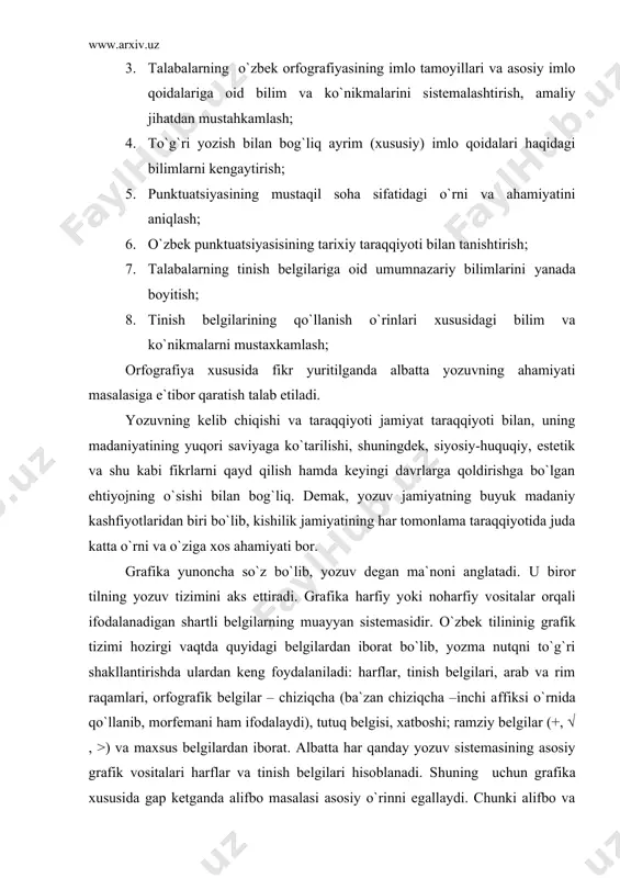uzishning etakchi tamoyillari quyidagilardir: 1) alifbodagi har bir harf tovush ko`rsatishi kerak; 2) har bir tovushning o`z harfi bo`lishi kerak; 3) alifboda tilda yo`q tovush uchun harf bo`lmasligi kerak. lekin dunyodagi hech bir alifboda bu tamoyillarga to`liq amal qilinmagan. lotin grafikasi asosidagi yangi o`zbek alifbosida ham ng, ch - harfiy birikmalari bir tovushni ifodalasa, j (jurnal, jo`ja kabi) harfi, o (ota, boks) harflari ikki ovushni ifodalaydi. odatda, har bir tovush yozuvi kelib chiqishi jihatidan fonetik xususiyatga ega bo`ladi. tilning tarixiy rivojlanishi natijasida so`zlarning talaffuzi ham o`zgarib boradi. ammo so`zlarning yozilishi esa so`zlashuv nutqiga nisbatan turg`unroq bo`lib, ko`pincha ilgarigi holicha qoladi. nutqning og`zaki va yozma shakllari orasida yuzaga kelgan bu noo`xshashlik, uzilish ongli ravishda tugatiladi, yoki tilda saqlanib, mustahkamlanib qoladi. keyingi holatda tovush bilan harfning o`zaro munosabatida boshqacha yangi qonuniyatlar yuzaga keladi. demak, yozuv orqali o`zaro aloqa qilishda faqat grafikaning o`zi kifoya qilmaydi. faqat grafik belgilardan foydalanish orqali yozuvda asosan so`zning …