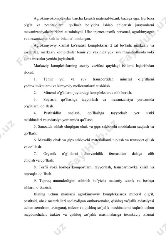 llari ombori administrativ maishiy binolar va boshqa yordamchi bino va kurilishlar bo’lishi kerak. joylardagi agrokimkomplekslar markaziy kompleksning filiali hisoblanadi, uzoq joyda (chetda) joylashgan xo’jaliklarga agrokimyoviy xizmat ko’rsatishda oralik baza rolini bajaradi. joylardagi agrokimyoviy komplekslar vazifasiga quyidagilar kiradi: mineral o’g’itlar uchun omborxona, pestitsidlar uchun omborxona, aerodrom administrativ maishiy binolar. dkam ni rejalashtirish. dalalarni kompleks agrokimyoviy madaniylashtirish xo’jaliklarda istiqbol va yillik rejalarni ishlab chiqishdan boshlanadi. istiqbol rejada almashlab ekishni xar bir dalasida yoki alohida olingan uchastkalarda ekin strukturasidan almashlab ekish tipidan, kimyolashtirish vositalarining borligi va jamgarmasidan, tuproq unumdorligidan kelib chiqib ishlarning navbati kurib chiqiladi. unga mos ravishda madaniylashtiriladigan yerlarning eksplutatsiyaga tushirish muddatlari va kushimcha maxsulot olish belgilab olinadi. yillik rejaga konkret dala yoki uchastka uchun rejalashtirilgan yilda o’tkazilishi kerak bo’lgan tadbirlar kiritiladi. ular loyihalash smeta xujjatlarini ishlab chiqish, shartnoma tuzish, o’g’it va kimyoviy meliorantlarni tuplash, texnologiyaga mos ravishda operatsiyalarni bajarish va xokozolar. yillik rejalashtirish jarayonida ish xajmi xo’jalik otryadlari o’rtasida bo’linadi . …