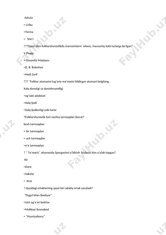 aqidagi ibtidoiy majmuyi bo'lib, koinotning yaratilishi, inson,o'simliklar va hayvonot dunyosining vujudga kelishi,samoviy jismlarning vujudga kelishi,ilohlar to'g'risidagi e'tiqodiy qarashlarni o'z ichiga oladi. miflar =afsonalar =rivoyatlar =naqllar ???insonlar bilan hayvon vao'simliklarning muayyan turlari o'rtasida qon-qarindoshlik bor degan diniy e'tiqod nima deb nomlangan? animizm =fiteshizm =totimizm =bunday e'tiqod bo'lmagan ?? qadimgi zamon odamlarining jonsiz narsa-predmetlarda ilohiy fazilatbor deb tushunishi nima deb atalgan? fiteshizm =animizm =totimizm =bunday e'tiqod bo'lmagan ??? qaysi diniy e'tiqod ranglar,tushlarning ma'nolarini aks ettirgan? totimizm =fiteshizm =animizm = bunday e'tiqod bo'lmagan ?? antropogonik miflarda nimalar haqida gapiriladi? g'ayrioddiy xislatga ega bo'lgan afsonaviy inson haqida =osmon jismlari va tabiat haqida =olamning intoxosi,oxir zamon to'g'risida =ajdodlar homiyligida haqida ??? folklorshunoslikda marosim folklori janrlarini nechta guruhga ajratib o'rganiladi? 2 =5 =3 =4 ??.........-qadimgi odamning voqealikka bo'lgan ongsiz hissiy munosabati. miflar =afsonalar =rivoyatlar =naqllar ??,,mif-bu muayyan voqealik bayoni bo'lib, unda hikoya qilingan voqea hodisa nechog'liq uydirma bo'lmasin, yaratilgan va yashab kelgan joyida u hamisha haqiqat, …