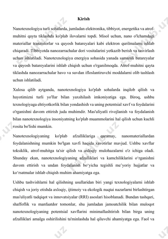 soblanadi. bundan tashqari, shaffoflik va manfaatdor tomonlar, shu jumladan jamoatchilik bilan muloqot nanotexnologiyaning potentsial xavflarini minimallashtirish bilan birga uning afzalliklari amalga oshirilishini ta'minlashda hal qiluvchi ahamiyatga ega. faol va hamkorlikka asoslangan yondashuvni qo'llash orqali biz nanotexnologiyadan jamiyatga foyda keltiruvchi xavfsiz va mas'uliyatli foydalanishni ta'minlashimiz mumkin. nobel mukofoti sovrindori fizik richard p. feynman 1959-yil 29-dekabrda kaliforniya texnologiya institutida molekulyar miqyosdagi muhandislik imkoniyatlari haqida gapirdi. nobel mukofoti laureati richard feynman ko'pincha "nanotexnologiyaning tug'ilishi" deb nomlanadi. feynman o'zining ijodiy nutqida atomlar alohida tartibga solinishi mumkin bo'lgan nano dunyoni tasvirlab berdi. feynman o'zining nano vazifalarini bajara oladigan shaxslarni pul mukofotlari bilan taqdirladi. feynman ko'ruvchi bo'lishiga qaramay, nanotexnologiyani rivojlantirishda kimyoning ahamiyatini e'tiborsiz qoldirdi. u alohida atomlar va molekulalarni o'zgartirish va boshqarish, yangi birikmalar, elektronika va tibbiy muolajalarni yaratish mumkinligini taklif qildi. bu tasavvur olimlarga atom va molekulyar darajada ishlash imkonini beruvchi nanotexnologiyaning paydo bo‘lishi bilan haqiqatga aylandi. nano-fabrikatsiyaning ta'rifi nano-fabrikatsiya" nanotexnologiyada qo'llaniladigan ishlab chiqarish texnologiyasidir. …