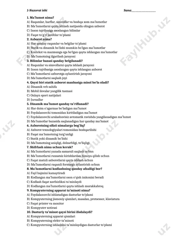 uriy taʼminot qaysi birini ifodalaydi? a) kompyuterning apparat qismlari b) kompyuterning elektr taʼminoti c) kompyuterning ishlashini taʼminlaydigan dasturlar to‘plami d) faqat operatsion tizim 11. operatsion tizimning asosiy vazifasi nima? a) faqat dasturlarni o‘rnatish b) kompyuterning apparat va dasturiy ta’minotlarini boshqarish c) internetga ulanish imkoniyatini ta’minlash d) faqat matnli fayllarni ochish 12. apparat va dasturiy taʼminot o'rtasidagi asosiy farq nima? a) apparat jismoniy, dasturiy taʼminot esa virtual bo‘ladi b) apparat faqat monitor va klaviatura bilan bogʻliq c) dasturiy taʼminot faqat printerlar bilan ishlaydi d) apparatni o'zgartirish mumkin emas, dasturiy taʼminotni esa yangilash mumkin 13. protsessorning vazifasi nima? a) maʼlumotlarni saqlash b) foydalanuvchi bilan muloqot qilish c) maʼlumotlarni qayta ishlash va bajariladigan amallarni nazorat qilish d) faqat grafik tasvirlarni yaratish 14. operativ xotira (ram) qanday ishlaydi? a) dasturlarni uzoq muddatli saqlash uchun b) foydalanuvchi ma'lumotlarini zaxiralash uchun c) faol ishlayotgan dasturlar va maʼlumotlarni vaqtincha saqlash uchun d) dasturlarni doimiy saqlash uchun 15. …