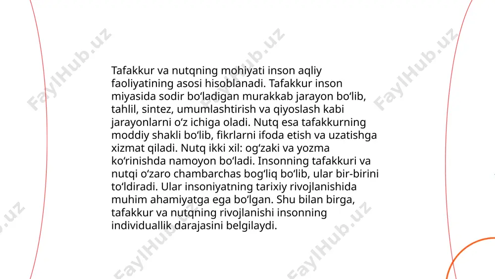 o‘llashga imkon beradi. kreativ tafakkur aqshning kaliforniya universiteti tadqiqoti bo‘yicha, 59% hollarda muammolarni samarali hal etishda yordam beradi. yaponiyada esa kompaniyalar xodimlarining kreativ tafakkur darajasini oshirish uchun yillik trening mashg‘ulotlariga 75 soatdan ko‘proq vaqt sarflaydi. bu tafakkur turi san’at, fan va biznes kabi turli sohalarda muhim ahamiyatga ega. dunyo bo‘ylab 40% kompaniyalar kreativ mavzularni yanada rivojlantirish maqsadida maxsus dasturlar ishlab chiqmoqda. ... t.me/slaydai_bot 5. tafakkurni rivojlantirish usullari 1. **kitob o'qish:** o'qish tafakkurni rivojlantiradi va bilimni oshiradi. haftada kamida 3-4 soat kitob o'qish tavsiya etiladi. 2. **jurnal yozish:** har kuni 10-15 daqiqa kunlik jurnal yozish tafakkurni kuchaytiradi va razm solish uchun imkon beradi. 3. **matematik masalalar yechish:** haftada 2-3 marta matematik boshqotirmalar va masalalar yechish tafakkurni o‘tkir qiladi. 4. **cheksiz ilm olish:** kurslar va seminarlar orqali yangi bilimlarni o‘rganish. oyiga 2 ta yangi mavzuni o‘rganish tavsiya qilinadi. 5. **tabiatda yurish:** tabiat qo'ynida 20-30 daqiqalik kunlik piyodalar yurishi tafakkurni tiniqlashtiradi va stressni …