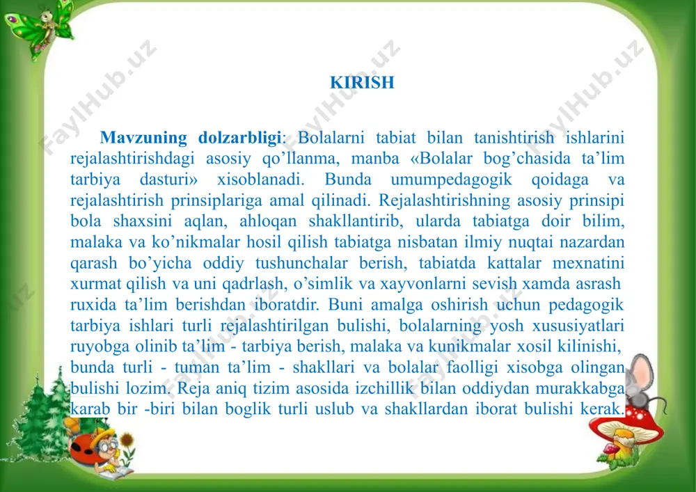 ik rejada tarbiyachi bilan birga tabiat bilan tanishtirishning uslubiy ish shakllari rejalashtiriladi. bunda pedagogik majlislarning mazmuni tabiat bilan tanishtirish soxasidagi ilg’or tarbiyachilarning ish tajribalarini yoyishva ularni to’plash imkonlari (mashg’ulot kuzatish, uni muxokama qilish, ekskursiya va xokozolar) rejada tabiatshunoslik harakteridagi, uslubiy mavzularidagi topshiriqlar, yo’llanmalar o’tkazish rejalashtiriladi. kurs ishining maqsadi: ilk yoshlilarhayotidatabiat burchagi tashkil etishga oid ilmiy–metodik adabiyotlarni nazariy o’rganish kurs ishining ob’ekti:tabiat burchagio’rganish jarayoni. ·kurs ishining metodi:mashg’ulotlarda bolalarni kuzatish; kurs ishining predmeti:tabiat burchagio‘rganish kurs ishining vazifalari: 1. o’rganilayotgantabiat burchagi–pedagogik, metodik adabiyotlarni o’rganish va tahlil qilish. kurs ishining tuzilisi:kirish, ikki bob, to’rt paragraf, xulosa, tavsiya, foydalanilgan adabiyotlar ro`yxati, ilovalardan ibora i.bob.bolalar tarbiyasida jonli burchakni o'rni 1.1bolalar bog'chasida tabiat burchagi bolalar bog'chasida bolalarni tabiat bilan tanishtirish u bilandoimo bevosita munosabatda bo'lishni talab qiladi. buni ta'minlovchi shartlardan biri bolalar bog'chasida jonii tabiat burchagigaega bo'lishdir. bolalarni tabiat bilan uzviy, davomli va sistemalitarzda tanishtirish ularda jonii tabiat burchagida yashovchilar haqida chuqur va puxta bilimlarni, mehnat, malaka …
