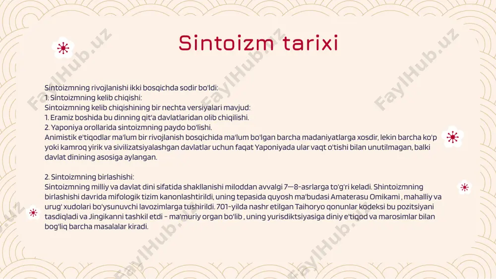 plamiga asoslanib , barcha darajadagi ibodatxonalar uchun marosimlar va marosimlarning rasmiy ro'yxati tasdiqlandi. sinto davlati 1945 yilgacha mavjud edi. sektantlik sintoizm yaponiyada davlat sintoizmining shakllanishi davrida baʼzi sintoizm jamoalari diniy boshqaruvning rasmiy davlat tizimiga qoʻshilmagan va yakkalanib qolgan. bu jamoalar rasman “sektalar” deb atalgan. urushdan oldingi yaponiyada bunday sektalar o'n uchta bo'lgan. sektantlik sintoizm, odatda, axloqiy poklanish, tog'larni ilohiylashtirish, mo''jizaviy davolash amaliyoti va qadimgi sintoizm marosimlarini qayta tiklash tamoyillariga urg'u berish bilan ajralib turardi. xalq va uy shintoizmi kamiga shaxsiy e'tiqod va kundalik hayotda sintoizm an'analarini qo'llash, ziyoratgohga muntazam tashrif buyurish va ibodat qilish bilan bog'liq emas, yapon aholisining katta qismiga xosdir. rasmiy sintoizm tashkilotlari ishtirokisiz toʻgʻridan-toʻgʻri xalq tomonidan saqlanib qolgan diniy eʼtiqodlar, urf-odatlar va anʼanalar toʻplami baʼzan “xalq sintoizmi” deb ataladi. xalq sintoizmi o'zboshimchalik bilan qabul qilingan tushunchadir; diniy komponentni umumiy madaniy tarkibiy qismdan aniq ajratib bo'lmaydi. "uy sintoizmi" uyda, kaminada (uy qurbongohi ) sintoizm marosimlarini o'tkazishning muntazam amaliyotini …