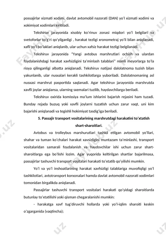 bu holda yuqori tashkilotlarga, tegishli hokimlikka hamda yo‘l- ekspluatatsiyasi va dan xizmatiga zudlik bilan axborot beriladi. adabiyotlar 1. xo‘jayev b.a. avtomobillarda yuk va passajirlar tashish asoslari.t.:«o‘zbekiston», 2002. -240 b. 2. xodjayev b.a. avtomobilniye perevozki. t.: « o‘qituvchi », 1991. -400s. 3. xodjayev b.a. gruzoviye avtomobilniye perevozki. t.: « o‘qituvchi », 1984. 4. xo‘jayev b.a. avtomobil transporti iqtisodiyoti. t.: «o‘qituvchi», 1992. 5. xodosh m.s. gruzoviye avtomobilniye perevozki. m.:«transport»,1986-208s. 1. l. l. afanasev, n. b. ostrovskiy, s. m. sukerberg “yedinaya transportnaya sistema i avtomobilniye perevozki”. m. “transport”, 1984 g. 2. e. karimov “avtomobillarda yuk tashish va uni tashkil qilish” t.: sharq, 2002 y. 3. a. i. paliy, z. v. polovinshikova “avtomobilniye perevozki” (zadachnik), m. “transport” 1982 y. 4. n. arifjanova, m. yoqubov “avtomobillarda yuk va passajirlar tashish asoslari” fanidan masalalar to‘plami, tayi 2006 y.
