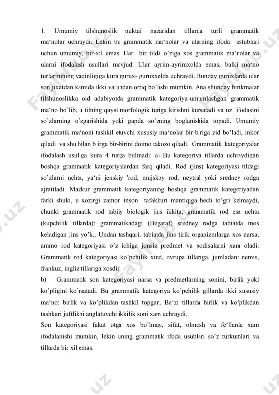 n tashkil topgan. ba‘zi tillarda birlik va ko’plikdan tashkari juftlikni anglatuvchi ikkilik soni xam uchraydi. son kategoriyasi fakat otga xos bo’lmay, sifat, olmosh va fe‘llarda xam ifodalanishi mumkin, lekin uning grammatik ifoda usublari so’z turkumlari va tillarda bir xil emas. o’zbek, rus, ingliz, nemis, frantsuz tillarida mazkur kategoriya bir biriga zid bo’lgan ikki xususiy son - birligi va ko’pligidan tash​kil topadi. o’zbek tilida bu kategoriya ot, olmosh va fe‘llarda; rus ti​lida ot, sifat, olmosh, fe‘l va tartib sonlarda; ingliz tilida asosan ot va olmoshlarda o’z aksini topadi. birlik soni predmet va xrdisalarning yakkaligini anglatsa, kuplik ularni birdan ortikligini, sonni noaniqligini ifodalaydi: kitob-kitoblar. v) kelishik kategoriyasi. otning boshqa so’z turkumiga munosabati kelishik kategoriyasi orqali ifodalanadi. bu kategoriya borliqdagi nar​sa, sifat va xrdisalar o’rtasidagi aloka munosabatlarini belgilaydi.kelishik kategoriyasini ifodalovchi grammatik vositalar ot va otlashgan so’zlarning sintaktik vazifasini kursatadi. shuning uchun ko’pchilik tilsho’noslar bu kategoriyani morfologik - sintaktik kate​goriya deb yuritishadi. kelishik ma‘nolari …