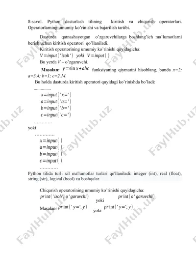 python dasturlash tilining kiritish va chiqarish operatorlari — DOCX