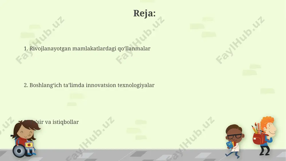 a o'quv rejalariga kirish, shuningdek, o'quvchilarning progressini kuzatish imkoniyati mavjud. kam ta'minlangan hududlarda mobil internetga ulanishning narxi pasayishi tufayli, 2025 yilga qadar 70% ga yaqin o'quvchilar mobil texnologiyalardan foydalanish imkoniyatiga ega bo'ladi. rivojlanayotgan mamlakatlarda boshlangʻich taʼlimda innovatsion texnologiyalar qishloq hududlaridagi 500 dan ortiq maktabda sun'iy intellekt asosidagi o'qituvchi yordamchilarini qo'llash orqali, o'qituvchilarning ish yukini kamaytirish va individual o'quvchilarga ko'proq e'tibor qaratish imkoniyati yaratiladi. interaktiv o'yinlar va virtual haqiqat texnologiyalaridan foydalanish, 85% gacha o'quvchilarning matematik va tabiiy fanlarga bo'lgan qiziqishini oshirishga va shuningdek, bilim olishni yanada samarali qilishga yordam beradi. interaktiv oʻquv dasturlari interaktiv oʻquv dasturlari, oʻquvchilarning 70% gacha faol ishtirokini taʼminlab, anʼanaviy usullarga nisbatan oʻzlashtirish darajasini 25% ga oshirishi mumkin. multimedia tarkibiy qismlari (rasmlar, videolar, animatsiyalar) bilan boyitilgan interaktiv dasturlar, 10 yoshgacha boʻlgan bolalar uchun bilim olish jarayonini 3 barobar qiziqarli va samarali qiladi. virtual va kengaytirilgan voqelik arzon narxdagi smartfonlar va ar ilovalari yordamida, o'quvchilar 2d darsliklar o'rniga 3d …