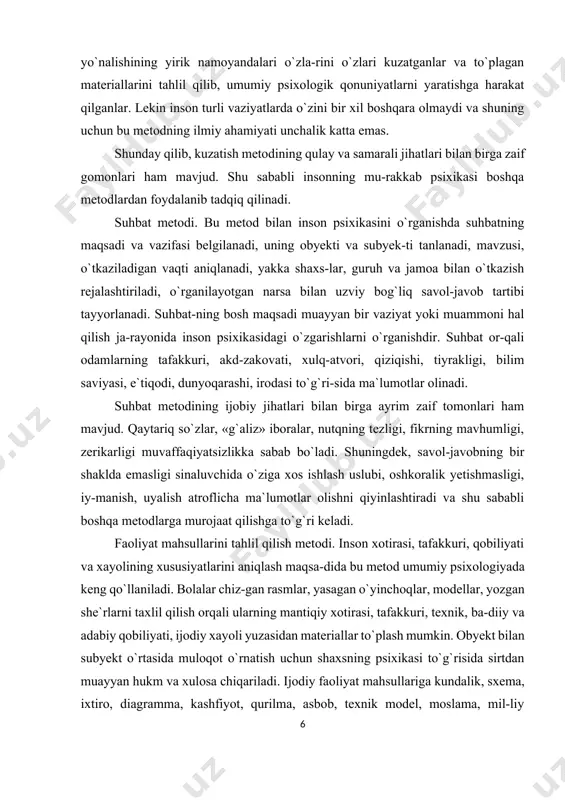 ozgan she`rlarni taxlil qilish orqali ularning mantiqiy xotirasi, tafakkuri, texnik, ba-diiy va adabiy qobiliyati, ijodiy xayoli yuzasidan materiallar to`plash mumkin. obyekt bilan subyekt o`rtasida muloqot o`rnatish uchun shaxsning psixikasi to`g`risida sirtdan muayyan hukm va xulosa chiqariladi. ijodiy faoliyat mahsullariga kundalik, sxema, ixtiro, diagramma, kashfiyot, qurilma, asbob, texnik model, moslama, mil-liy kashtachilik, hunarmandchilik, zargarlik buyumlari, referat, kurs va malakaviy bitiruv ishlari, magistrlik dissertatsiyasi, ilmiy ma`ruza, konspekt, taqriz, tezis, maqola, ko`rsatmali qurollar, loyiha, konsepsiya, san`atkor, artist va baxshi ijodiyoti kabilar kiradi. bular turli yoshdagi, jinsdagi va kasbdagi odamlar tomonidan yara-tilgan bo`lishi va shunga ko`ra shakli, mazmuni, sifati, originalli-gi, hajmi, ko`rinishi, xususiyati bilan bir-biridan keskin tafovut qilishi mumkin. ijodiy faoliyat mahsullarini tahlil qilish orqali bolalar, o`quvchilar, talabalar, konstruktorlar, olimlar, hunarmandlar, ish-chilar, dehqonlar psixik xususiyatlari to`grisida ma`lumotlar to`plash mumkin. lekin insondagi psixik o`zgarishlar, kamol topish va bu-larning kechishini ifodalovchi materiallar yigish uchun bu metod-ningo`zi yetmaydi. shuninguchun inson psixikasini o`rganish maqsa-dida boshqa metodlardan ham foydalanishi …
