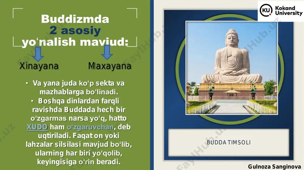 i buddist tasavvufdan vujudga kelgan ma’rifat ta’limotidir. tor ma’noda, dzen ba’zan yaponiyadagi buddizmning eng nufuzli maktablaridan biri sifatida qaraladi. o‘ziga xos milliy xususiyatlarga ega va xii asr oxirida xitoydan kirib kelgan. bundan tashqari, dzen "dhyana" deb ham ataladigan dzen maktablarining amaliyoti sifatida tushuniladi. gulnoza sanginova o‘zbekistonda buddaviylik dinining tarixiy ildizlari (qoratepa, fayoztepa, dalvarzintepa) va hozirgi zamon kanishka, vima kadfiz va ulardan keyingi kushon imperatorlari buddizmni keng yoydilar. buddaviylikni din an’analarini amalda rivojlantirish, boshqa xalqlar o‘rtasida tarqatish uchun balx, marv, termiz, samarqand, buxoro, shosh, turkiston, quva, koson, o‘sh, bolosog‘un, koshg‘ar va boshqa shaharlarda buddizm takyagohlari va xonaqohlari, ibodatxonalarini qurib, buddizmning muqaddas kitoblari, sutra va pastrilarni o‘rganish, tarjima qilish va sharhlash uchun sharoit yaratib berdilar. gulnoza sanginova fayoztepa buddaviylik ibodatxonasi fayoztepa buddaviylik ibodatxonasi majmuasi gulnoza sanginova https://uzbekistan.travel/uz/o/fayoztepa-buddaviylik-ibodatxonasi-majmuasi/ https://uzbekistan.travel/uz/o/fayoztepa-buddaviylik-ibodatxonasi-majmuasi/ buddaviy yodgorliklarda olib borilgan arxeologik tadqiqotlar davomida topilgan toshdan, loy- ganchdan tayyorlangan haykallar, devoriy suratlar, me’moriy bezaklar, sopol idishlar, baqtr, kxarashti va braxma yozuv …