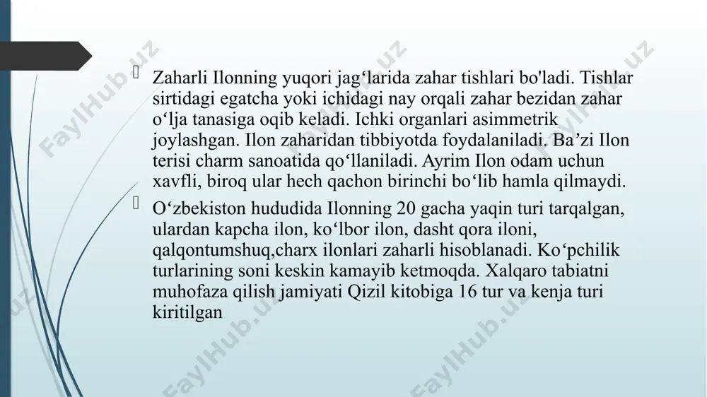 sargʻish yoki och yashil, hvdsiz tiniq suyuklik. quritilgan i.z.ning 70—90% i murakkab oqsil moddalar, qolgani anorganik moddalardan iborat. zahar tarkibida erkin aminokislotalar, yogʻlar, yogʻ kislotalar, har xil tuzlar bor; natriy, kalsiy, kaliy, rux, magniy, fosfor, kremniy, temir, kumush kabi elementlar ham uchraydi. i.z.da 15 ga yaqin oqsil moddalar borligi elektroforsz usulida aniqlanib bu moddalarning biologik xossalari turlicha ekanligi qayd qilingan. ulardan biri odam yoki hayvonni oʻldirsa, ikkinchisi qonni ivi-tadi, uchinchisi qizil qon tanachalarini yemiradi, boshqasi esa organizmga hech qanday taʼsir koʻrsatmaydi. koʻzoynakli ilon zaharidan nervga taʼsir etadigan modda — neytrotoksin, koʻlbor ilon va charx ilon zaharidan bir qancha fermentlar ajratib olingan. ilon chaqqan odamning zaharlani-shida ana shu maxsus toksinlar va baʼ-zi- fermentlar asosiy rol oʻynaydi. yaxshilab quritilgan va havo kirmaydigan qorongʻi joyda saklangan i. z. 15—20 yilgacha barcha xossalarini saqlab qoladi oʻrta osiyodagi zaharli ilonlar zaharining organizmga taʼsiri ham bir xil emas, mas, koʻzoynakli ilon zahari, asosan, nerv sistemasiga, koʻlbor …