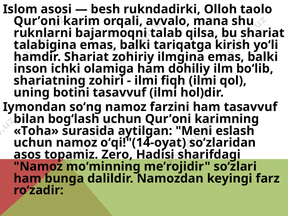 l kabi оlim chiqqan emas". 20 yoshidayoq bir nеcha kitоblar muallifi sifatida mashhur boʻlgan muhaddis "al-adab al-mufrad" («adab durdоnalari»), "al-jоmе’ as-sahih"dan tashqari yana yigirmaga yaqin kitоblar muallifidir, taassufki, ularning koʻplari bizgacha yеtib kеlmagan. arablar qadimgi turon madaniyatiga jiddiy talafot yetkazgan boʻlsalarda, ancha ilgʻor gʻoyalarga ega boʻlgan, insonni komillik darajasiga koʻtarishda muhim ahamiyat kasb etuvchi islom dinini olib kirdilar. movoraunnahr aholisi bu dinni dastlab keskin rad etgan boʻlsa ham, doimiy targʻibot va tashviqotlar natijasida islom dini qabul qilindi. islomda olamning yaratuvchisi yakka-yu yagona, azaliy va abadiy ollohdir, degan bosh gʻoya hukmrondir. muhammad alayhissalom olloh rasulidir. qur’oni karim islom dinining muqaddas kitobi boʻlib, unda shariatning tayanch ahkomlari asosiy aqida va gʻoyalari oʻz ifodasini topgan. movarounnahrliklar bu dinni qabul qilibgina qolmay, keyinchalik uning otashin targʻibotchisiga ham aylandilar. . ayniqsa, imom ismoil ibn al-buxoriyning buyuk xizmatlari musulmon olamida yuksak ehtiromga sazovor. mashhur muhaddis olim imom ismoil ibn al-buxoriy hadislarni, ya’ni muhammad alayhissalom tomonidan turli …