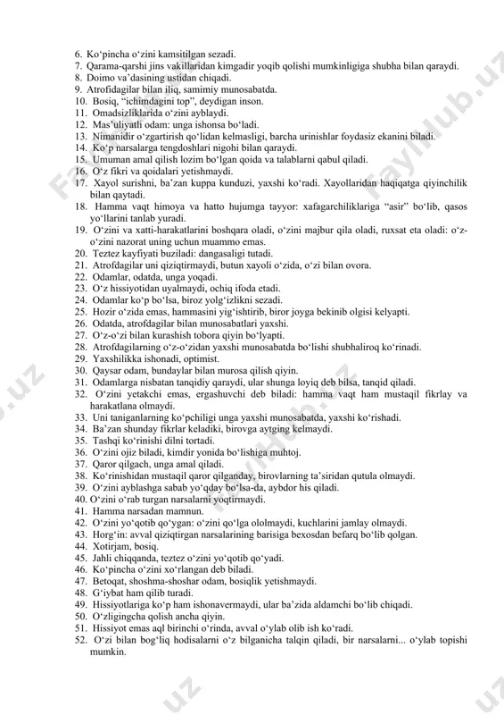 chun javob berishga qodir subyekt sifatida shaxs konsepsiyasidan kelib chiqadi. shkala 101 ta hukmdan iborat bo‘lib, ularning 37 tasi shaxsning ijtimoiy-psixologik moslashganlik mezonlariga muvofiq keladi (bu mezonlar ko‘p jihatdan shaxs yetukligi mezonlariga mos kelib, ular orasida o‘z qadrini bilish va o‘zgalarni hurmat qilishga qodirlik, faoliyat va munosabatlarning real amaliyoti uchun ochiqlik, o‘z muammolarini tushunish va ularni hal etishga urinish kabilar mavjud). keyingi 37 ta hukm moslashmaganlik mezonlariga oid (o‘zini va boshqalarni qanday bo‘lsa shundayligicha qabul qila olmaslik, shaxsiy tajriba ustida fikr yuritishda «to‘siqlar»ning mavjudligi, muammolardan qochish, psixik jarayonlarning mo‘rtligi kabilar). qolgan 27 betaraf hukmning bir qismi yolg‘on shkalasini tashkil etadi. yo‘riqnoma: so‘rovnomaga inson, uning hayot tarzi: kechinmalari, fikrlari, odatlari, xulq-atvor uslubi haqidagi hukmlar kiritilgan. ularni o‘z hayot tarzimiz bilan nasbatlash mumkin. har bir hukmni o‘qib, o‘z odatlaringizga, hayot tarzingizga solishtiring va bu hukm sizga qay darajada taalluqli ekanini baholang. buning uchun javob varaqasidagi «0» dan «6» gacha bo‘lgan 7 bahodan, …