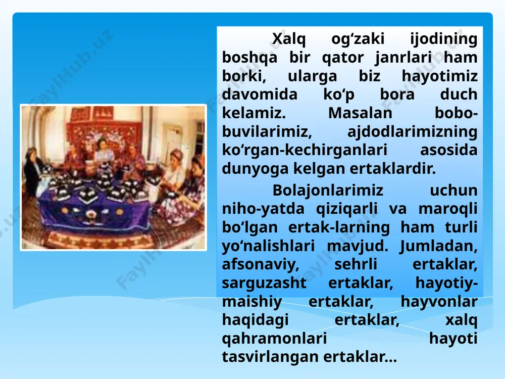 ter", "venn diagrammasi", "tushuncha tahlili" kabi metodlardan foydalanish. tadqiqotga yo‘naltirilgan ta’lim: mahalliy folklor namunalarini o‘rganish bo‘yicha loyiha ishlari. rollarni o‘ynash: xalq dostonlaridan parchalarni ijro etish. qiziqarli o‘yinlar: maqollarni davom ettirish yoki matallarning ma’nosini tushuntirish o‘yinlari. 5. baholash tizimi amaliy topshiriqlar: ijodiy ishlar, xalq asarlarini yod olish va ifodali o‘qish. yozma ishlar: asarlar tahlili, og‘zaki ijodning ahamiyati haqida esse yozish. testlar: fanning nazariy qismi bo‘yicha bilimlarni baholash. 6. zamonaviy ta’lim resurslari audiovizual materiallar: ertak va qo‘shiqlarning ovozli yozuvlari yoki video ko‘rinishlari. elektron darsliklar va ma’lumotlar bazasi: xalq og‘zaki ijodi asarlarini o‘z ichiga olgan onlayn resurslar. ilovalar: folklor janrlari bo‘yicha interaktiv o‘yinlar va testlar. image2.jpeg image3.jpeg image4.jpeg image5.jpeg image6.jpeg image7.jpeg image8.jpeg /docprops/thumbnail.jpeg