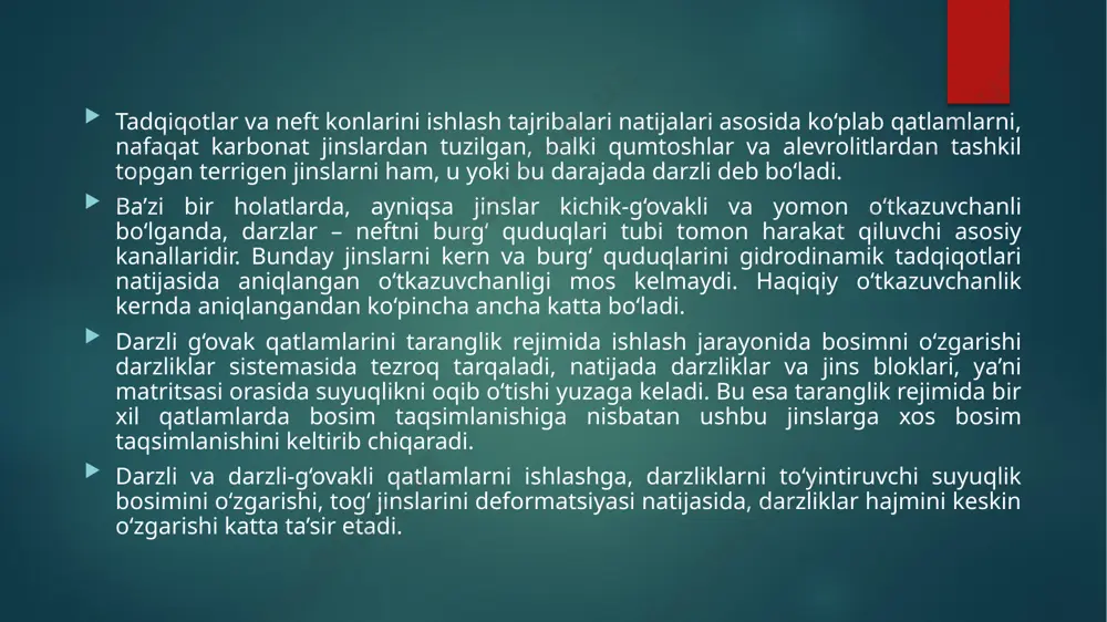 koeffitsiyenti 0,20-0,30 tashkil etadi.darzli-g‘ovakli qatlam matritsalaridan neftni siqib chiqarish qaysi kuchlar ta’sirida yuz berishini ko‘rib chiqamiz. birinchi kuch darzliklar sistemasidagi va jins bloklaridagi bosimlar farqi bilan bog‘liq. ikkinchi kuch esa bloklarni to‘yintiruvchi suv va neftda kapillyar bosimni farq qilishi bilan bog‘liq. bu kuchning ta’siri natijasida jinslar kapillyar shimilish, ya’ni aytilgan kapillyar bosim farqi sababli ulardagi neft o‘rnini suv bilan egallanishi yuz beradi. kapillyar shimilish faqat ho‘llanuvchan jinslarda bo‘lishi mumkin. darzli-g‘ovakli qatlamlarni matritsalari yoki bloklarini kapillyar shimilishi faqat kapillyar kuchlar ta’siri bilan emas, balki energetik nuqtai nazaridan ham tushuntirish mumkin, chunki neft va suv chegarasidagi eng kichik sirtqi energiyaga, neft matritsalarni to‘yintirib murakkab, tarqoqli yuzaga ega bo‘lmaganda, ya’ni neft darzliklarda to‘plamlarga yig‘ilganida erishiladi. agar darzli-g‘ovakli qatlamning neftga to‘yingan jinsining qirrasi uzunligi i*bloki olinsa va u suvga solinsa (o‘xshash holat real qatlamda blok darzliklar bilan o‘ralgan va darzliklarda suv bo‘lganda yuzaga keladi), blokka suvni kapillyar shimilish tezligi va natijada, undan neftni siqib …