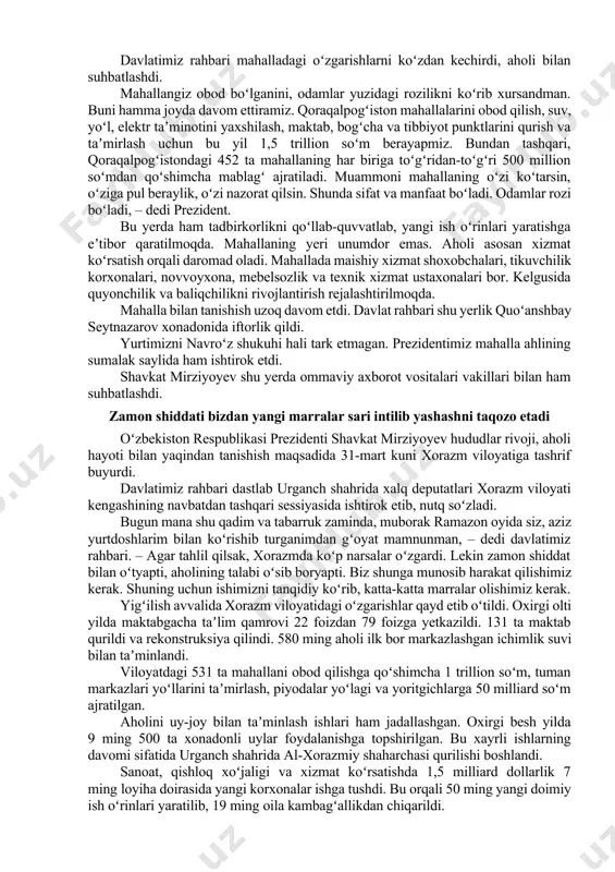 nd 2023-yilda jahon turizm poytaxti boʻladi. davlatimiz rahbari bu yil vatanimizning boy madaniyati va turistik salohiyatini jahonga targʻib qilish yili boʻlishi kerakligini taʼkidladi. shu maqsadda marketing va reklama bilan sayyohlarni jalb qilish uchun 100 milliard soʻm ajratilishi belgilandi. “oʻzbekiston tashrif qogʻozi”ni ishlab chiqib, turizm brendini yangilash, xalqaro telekanallar va internet platformalarida oʻzbekiston haqidagi reklama roliklarini koʻpaytirish muhimligi qayd etildi. umuman, bu yil 7 million xorijiy va 15 million ichki sayyohlarni jalb qilish, soha eksportini 2,5 milliard dollarga yetkazish imkoniyati borligi koʻrsatib oʻtildi. yigʻilishda muhokama qilingan masalalar yuzasidan vazir va hokimlar, tadbirkorlar oʻz fikr va takliflarini bildirdi. prezident qoraqalpogʻiston aholisi farovonligini yanada oshirishga qaratilgan 3 ta yangi tashabbusni ilgari surdi kegeyli tumanida qoraqalpogʻiston respublikasida sanoatini rivojlantirish, qayta tiklanuvchi energiya manbalarini joriy etish, aholi bandligini taʼminlash, kambagʻallikni qisqartirish masalalari yuzasidan yigʻilish oʻtkazilmoqda. prezident yigʻilishda qoraqalpogʻiston aholisi farovonligini yanada oshirishga qaratilgan 3 ta yangi tashabbusni ilgari surdi. birinchi tashabbus doirasida qoraqalpogʻistondagi 452 ta …