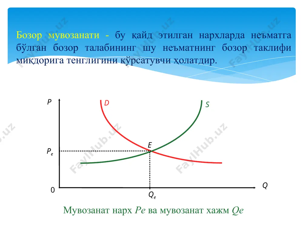 бозор нархи ph да сотилади; ph мувозанат нархдан анча юқори бўлиши мумкин). s d p ed e pe pн pmax q qs qe qd 0 e' * маҳсулотнинг нархи pmin минимал нарх дейилади, агар минимал нарх мувозанат нархдан катта бўлса, pmin>pe (ре-мувозанат нарх) ва нарх pmin ни пасайтириш мумкин бўлмаса. e e1 q s d p es ed pe pн pmin qs qe qd 0 * минимал нарх давлат томонидан ишлаб чиқарувчиларни ҳимоя қилиш учун ўрнатилади. минимал нархнинг ўрнатилиши, ортиқча маҳсулотнинг вужудга келишига олиб келади ёки маҳсулотлар сотилмасдан омборларда тўпланиб қолишига сабаб бўлиши мумкин. бу юқоридаги графикда келтирилган, ортиқча маҳсулот ҳажми qs-qd га тенг. агар давлат маҳсулотни минимал нархдан паст нархда сотишга рухсат бермаса, бундай ҳолатда ҳам норасмий бозор вужудга келади. графикдаги e1 нуқта ортиқча маҳсулотни норасмий равишда мувозанат нархдан паст нархда (ph нархда) сотилиши мумкин бўлган вазиятни кўрсатади. * истеъмолчи ортиқчалиги (ютуғи) - истеъмолчи томонидан товарга тўлаши мумкин бўлган …