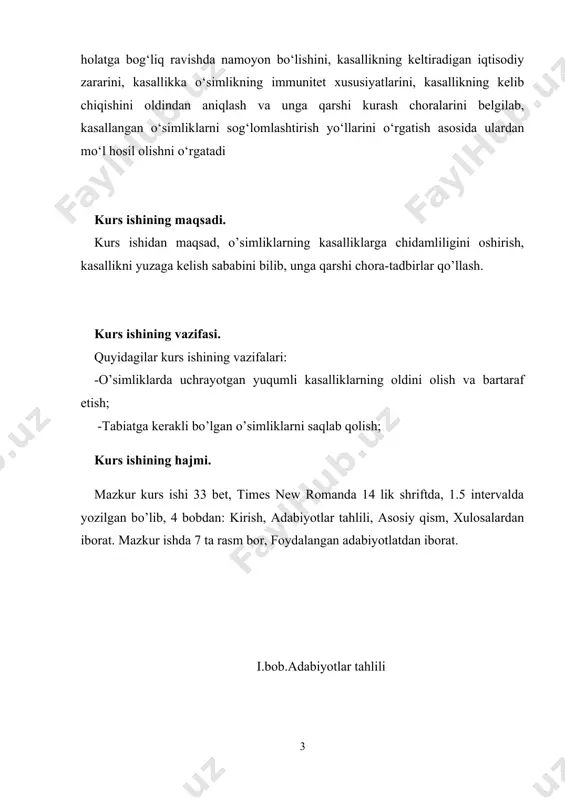 abiyotlar tahlili, asosiy qism, xulosalardan iborat. mazkur ishda 7 ta rasm bor, foydalangan adabiyotlatdan iborat. i.bob.adabiyotlar tahlili oʻsimliklarda kasalliklami vimslar, bakteriyalar, zamburugʼ,parazitlar keltirib chiqaradi. shuningdek, o‘simliklar gommoz, xloroz kasalligi bilan ham zaralanadi. gammoz kasalligida o‘simlikning ichki toʻqimasi-poʻst parenximasi eriydi va tashqariga oqib chiqadi. ushbu kasallikni bilish uchun xo‘jayin-o‘simlik mevasi va parazit o'rtasidagimunosabatni bilish zarur. oʻsimlikning kasallanishi bir qancha bosqichlardan iborat.[2] malumki, osimliklar toqimasining muzlashi natijasida, hujayralararo boshliqda muz hosil boladi, bu esa oz navbatida sitoplazmaning suvsizlanishiga olib keladi. agar sitoplazma yetarli darajada sovuqqa chidamli bolmasa, suvsizlikka chiday olmaydi, muz hosil bolishida paydo boladigan bosim natijasida sitoplazma shikastlanadi. sitoplazma kolloidlarining chidamliligi hujayrada boladigan himoya moddalariga bevosita bogliqdir. himoya vazifasini bajaruvchi moddalardan biri qandlardir.[5] qishloq xo‘jaligining intensiv rivojlanishi, fitopatologiya fani yutuqlarining takomillashib borishi o ‘simliklarda uchraydigan kasalliklarni mukammal o‘rganishni va kasalliklarga chidamliligini orttirishni taqozo etadi. mavjud m a’lumotlarga asosan bug'doyda 148 ta (m.v.gorlenko), qand lavlagida 153 ta (s.f.morochkovskiy), makkajo‘xorida 103 ta (f.ye.nemlienko), …