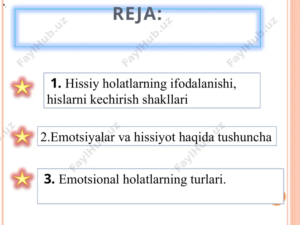 a. fiziologik ham, patologik ham bo‘lishi mumkin. stress tushunchasining mazmuni mohiyati borasida qator ta’riflar uchraydi. jumladan, a.v.petrovskiy tomonidan stress–affektiv holatga yaqin turadigan, lekin boshdan kechirilishining davomiyligiga ko‘ra kayfiyatlarga yaqin bo‘lgan his-tuyg‘ularni boshdan kechirilishining alohida shaklidir, deb ta’rif beriladi. konstruktiv – biz turidagi (ko‘pchilik orasida); destruktiv – men turidagi (yakka shaxs o‘zi bilan) kechadigan jarayon. yuksak hislar praksik hislar ahloqiy hislar estetik his-tuyg‘ular intellektual his-tuyg‘ular