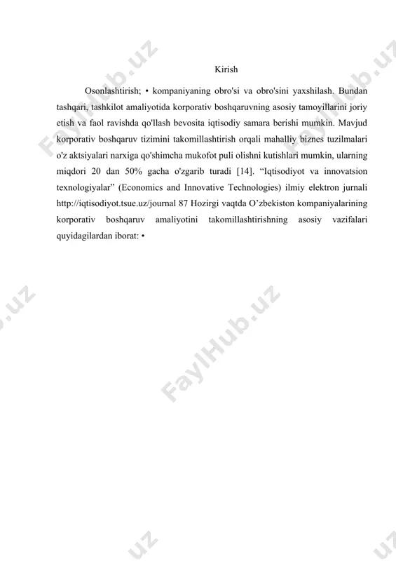 gungi kunda ushbu tadbirlarni amalga oshirish bo'yicha bosqichma-bosqich ish olib borilayotgani haqida bahslashish mumkin. xususan, 2019 yilda yangi korporativ boshqaruv kodeksining qabul qilinganligini ta'kidlash lozim. mamlakat rahbariyatining fikriga ko'ra, bu investorlarning ichki fond bozoriga bo'lgan ishonchini oshiradi va tashkilotlarning samaradorligini oshiradi. tasdiqlangan kodeksdagi o'zgarishlarning aksariyati davlat kompaniyalariga qaratilgan va quyidagilar bilan bog'liq: 1. korporatsiyada nazorat funktsiyalarini sun'iy ravishda taqsimlanishining oldini olish; 2. aktsiyalar egalari, dividendlar yoki tugatish qiymatidan tashqari, tashkilot hisobidan boshqa daromadlarni oladigan holatlardan tashqari; 3. ijro etuvchi organlarni saylash yoki tugatish funktsiyasini direktorlar kengashiga o'tkazish; 4. mustaqil shaxslarni direktorlar kengashida ishtirok etish uchun 1: 3 nisbatda jalb qilish. shunday qilib, zamonaviy sharoitlarda korporativ boshqaruv alohida ahamiyatga ega. har bir o'zini hurmat qiladigan kompaniya ilmiy uslub va innovatsion texnologiyalarga asoslangan holda samarali boshqaruv tizimini shakllantirishga majburdir. bu nafaqat korporatsiya ichida ijobiy natijalarga erishish, balki xalqaro darajaga chiqish, ishlab chiqarish va boshqarish samaradorligini oshirishga imkon beradi. 1999 yilda iqtisodiy hamkorlik …