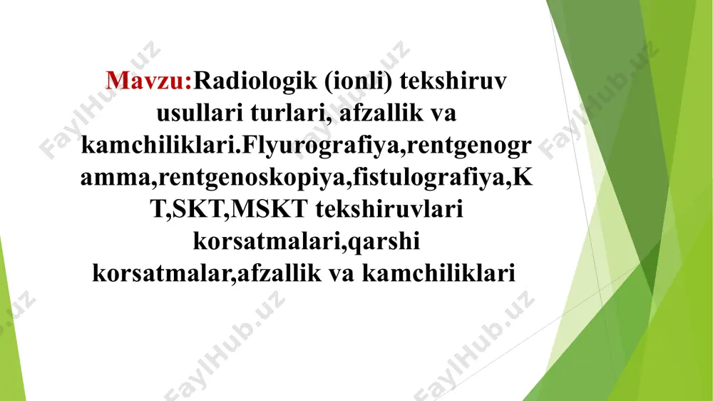 ntgenogramma, rentgenoskopiya, fistulografiya, kompyuter tomografiyasi (kt), spiral kompyuter tomografiyasi (skt), va ko'p qatlamli spiral kompyuter tomografiya (mskt) tibbiyotda tashxis qo'yishda keng qo'llaniladi. ularning har biri o'ziga xos xususiyatlarga ega, va ma'lum ko'rsatmalar va qarshi ko'rsatmalar mavjud. 1. flyurografiya (fluorografiya) ta'rif: flyurografiya — bu rentgen yordamida o'pkalarni tekshirish usulidir. bu tekshiruv o'pkadagi patologiyalar, jumladan, yallig'lanish va saraton kabi kasalliklarni aniqlash uchun ishlatiladi. flyurografiya o'pkalarning kichik hajmdagi tasvirlarini yaratadi va ko'pincha ommaviy tekshiruv sifatida foydalaniladi. ko'rsatmalar: o'pkalardagi yallig'lanishlar (masalan, pnevmoniya). tüberkuloz yoki boshqa o'pkaga oid kasalliklarni aniqlash. o'pkada tuzilmaviy o'zgarishlar. qarshi ko'rsatmalar: homiladorlik, ayniqsa, 1-trimesterda. kichik yoshdagi bolalar (texnik qiyinchiliklar sababli). agar bemor ionlashtiruvchi nurlanishga nisbatan juda sezgir bo'lsa. afzalliklari: tez va arzon tekshiruv. o'pkalardagi keng tarqalgan kasalliklarni aniqlashda samarali. kamchiliklari: yumshoq to'qimalarni aniq ko'rsatmaslik. yuqori darajadagi ionlashtiruvchi nurlanish xavfi. 2. rentgenogramma (rentgen tasviri) ta'rif: rentgenogramma — bu rentgen nurlari yordamida suyaklar, organlar va boshqa strukturalarning statik tasvirlarini olish usuli. bu metod …