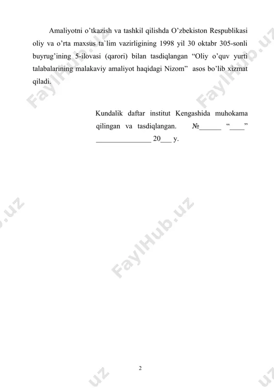 azariy bilimlarni yanada mustahkamlash, ishlab chiqarishdagi ilg’or tajribalarni mustaqil o’zlashtirish uchun hizmat qiladi halq ho’jaligiga yuqori malakali qadrlar tayyorlashda o’quv jarayonining ajralmas qismi bo’lgan ishlab bitiruv oldi amaliyoti asosiy rolni o’ynaydi. 2. amaliyotga ketishidan oldin ixtisoslik kafedrasidan quydagilarni olishi kerak: -amaliyotga yo’llanma; -amaliyot dasturi, amaliyot raxbarlaridan topshiriq va kundalik daftar; -kurs ishi yoki bitiruv malakaviy ishi mavzusi; -amaliyot o’tkazishning dasturi; 3.talabaning amaliyotni o’tkazish vaqtidagi majburiyatlari -dasturda ko’rsatilgan topshiriqlarni to’la bajarish; -amaliyot o’tkazilayotgan muassasaning ichki tartib qoidalariga va mehnat intizomiga bo’ysunish; -mehnatni muhofaza qilish, xavfsizlik texnikasi, ishlab chiqarish sanitariya qoidalarini o’rganish va amal qilish; -amaliyot rahbariningtopshirig’iga ko’ra ilmiy izlanishlar olib borish; -amaliyotni tugatgandan so’ng hisobot yozishi va tavsifnomaga va kundalik daftarni qo’shib topshirish; 4. hamma fanlardan olingan baho kabi amaliyotdan olingan bahosi va stipendiyalar belgilashda inobatga olinadi. 5. amaliyot dasturini uzrli sabablarga ko’ra bajarmagan talabalar ta`til kunlari qaytadan o’z hisobidan amaliyotga jo’natiladi. 6. o’quv, amaliyot o’tkazayotgan talaba muassasaning ichki tartib qoidalriga …