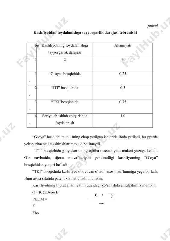 ,0 2) foydalanishga tayyorgarlik darajasi koyeffitsiyenti № kashfiyotning foydalanishga tayyorgarlik darajasi tijorat muvaffaqiyati yehtimolligi 1 2 3 1. “g‘oya” bosqichida 0,25 2. “iti” bosqichida 0,5 3. “tki”bosqichida 0,75 4. “ishlab chiqarishga joriy etish” 1,0 kashfiyotni tijorat ahamiyatini baholash jarayoni 3) taqqoslama tahlil. № taqqoslanayotgan ko‘rsatkichlar baholanayotgan mahsulot bazis nusxa taqqoslash natijalari 1 2 3 4 5 1 yaxshi, yomon 2 me’yor darajasida 3 tayyorgarlik bosqichlari 4 mahsulot birligi ishlab chiqrish xarajatlari kashfiyotning tijorat ahamiyatini baholash sxemasi. 1. taqqoslanayotgan analog(namuna) nusxaga nisbatan texnik samarasi bahosi. 2. , бу йерда 1 – mahsulot texnik-iqtisodiy ko‘rsatkichlari ulushi koyeffitsiyenti, almashtirish jarayonida o‘zgaradi. 3. agar bo‘lsa, bazis nusxaga nisbatan mahsulot texnik– iqtisodiy ko‘rsatkichlarni yaxshilaydi. 4. taqqoslanayotgan namunaga nisbatan kashfiyotning texnik – iqtisodiy samarasini baholaymiz. рэфф ртз = 3оп/3об bu yyerda, - kashfiyotdan foyalanish yevaziga tayyorlangan mahsulot birligiga harajatlar; - базис kashfiyotdan foydalanish yevaziga tayyorlangan mahsulot birligiga harajatlar. agar ≥1 bo‘lsa, kashfiyotdan foydalanish jarayonida mahsulot realizatsiyasi(sotish) …