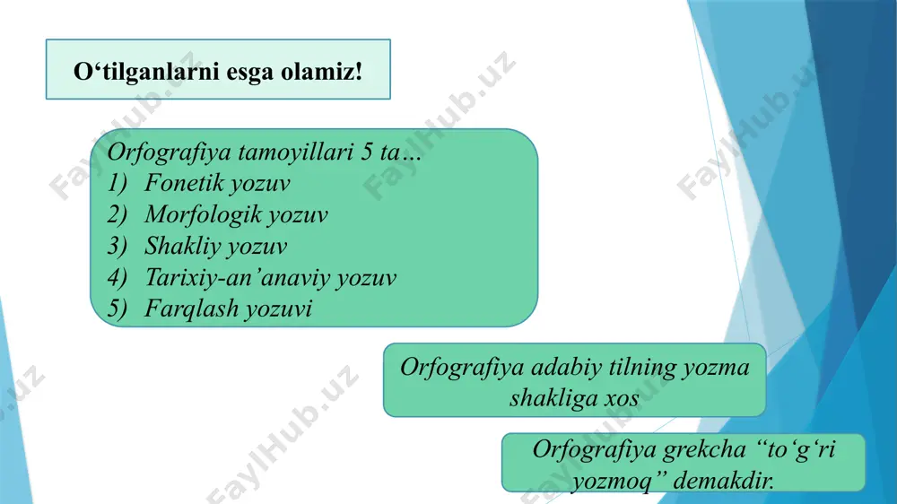 qilish uchun: a’lo. ra’no, ta’zim, e’lon; unlini undoshdan ajratish uchun: in’om, san’at, qat’iy, mas’ul; oldin va keyin kelgan tovushlar alohida tovushlar ekanligini ifodalash uchun: is’hoq, as’hob… 2. asos va qo‘shimchalar imlosi 33. qo`shimcha qo`shilishi bilan so`z oxiridagi unli o`zgaradi: 34. k, q undoshi bilan tugagan ko’p bo’g’inli so’zlarga egalik shakli qo`shilganda tovush almashadi: tilagi, yuragi, qoshig`i, yo`q, yaxshirog`i kabi. huquq, ravnaq, ishtirok, ishtiyoq, idrok, chok, ocherk, erk, yuq, park* 1) a o sayla- saylov, o’yna-o`ynoqi, aya-ayov kabi. 2) i u qazi- qazuvchi, sovi - sovuq, o`qi- o`quvchi kabi og’ri -og’riq, qavi-qaviq * eslatma!!! 1) undosh bilan tugagab barcha fe’llarga -uv qo`shiladi: oluv, qo`shuv kabi. 2) undosh bilan tugab, tarkibida u unlisi bo`lgan fellarga -uq qo`shiladi. uzuq, yutuq... uyushiq, burushiq, uchuriq...* 2. asos va qo‘shimchalar imlosi 2. asos va qo‘shimchalar imlosi 2. asos va qo‘shimchalar imlosi 2. asos va qo‘shimchalar imlosi 3. qo‘shib yozish xona, noma, bop, xush, ham, baxsh, kam, …