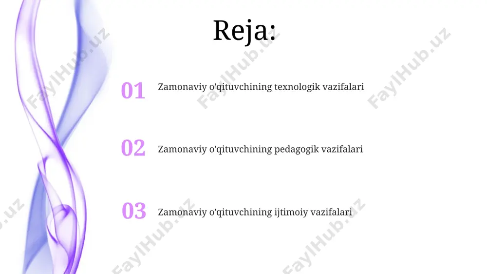 uhim hisoblanadi. innovatsion texnologiyalarni qo'llash zamonaviy o'qituvchi o'quv jarayonida kamida 3 ta turli innovatsion texnologiyalarni (masalan, interaktiv o'quv dasturlari, onlayn platformalar, simulyatorlar) samarali qo'llashi va ularning imkoniyatlarini to'liq ochib berishi zarur. innovatsion texnologiyalar yordamida o'quvchilarning 70% dan ortig'i darsga faol ishtirok etishi va o'zlashtirish darajasi sezilarli darajada oshishi kuzatiladi, bu esa o'quv samaradorligini oshiradi. o'quv jarayonini rejalashtirish va tashkil etish o'quv rejasini tuzishda o'quvchilarning yosh xususiyatlari, bilim darajasi va individual ehtiyojlarini hisobga olib, kamida 2 ta diagnostik baholashni amalga oshirish lozim. zamonaviy o'qituvchi o'quv jarayonini rejalashtirishda kamida 3 ta o'quv natijasini aniqlab, ularga erishish uchun 5 bosqichli strategiyani ishlab chiqishi kerak. differensial ta'lim va individual yondashuv sinfda o'quvchilarning 70% ga yaqini 2 turdagi o'rganish usullaridan foydalanishi aniqlangan. shuning uchun, differensial ta'lim individual yondashuv bilan birgalikda, har bir o'quvchining kuchli va kuchsiz tomonlarini aniqlashga yordam beradi. differensial ta'lim samaradorligini oshirish uchun, o'qituvchi o'quv jarayonida kamida 5 xil baholash usulini (testlar, loyihalar, …