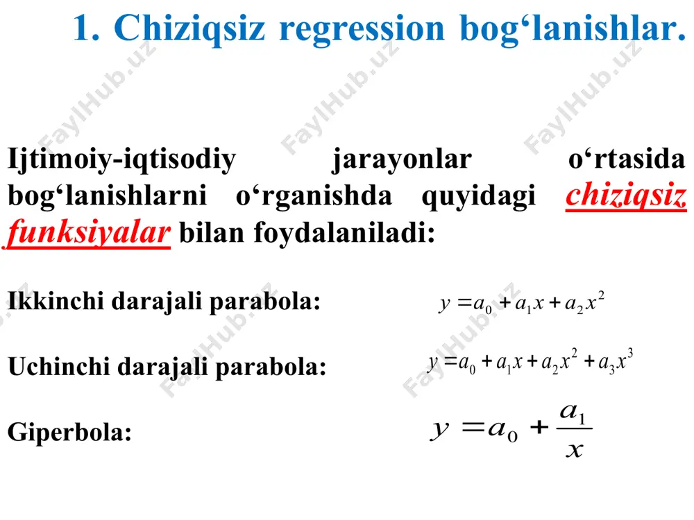 ishiga aytiladi. 4.4. tasodifiy miqdorlarning xarakteristikalarini hisoblash arifmetik o‘rtacha: chastota (m) - absolyut miqdor bo‘lib, har variantning to‘plamda necha bor uchrashuvini ko‘rsatadi. chastotaning nisbiy ko‘rinishi chastota ulushi deb ataladi tanlanmaning statistik taqsimoti deb variantalar va ularga mos chastotalar yoki nisbiy chastotalar ro‘yxatiga aytiladi. tanlanmaning statistik taqsimoti deb variantalar va ularga mos chastotalar yoki nisbiy chastotalar ro‘yxatiga aytiladi. variatsiya chegarasi (r) - variatsion qatorning ekstremal qiymatlari farqiga aytiladi. (torttirilmagan), (torttirilgan) o‘rtacha chiziqli farq : dispersiya - variantlarning arifmetik o‘rtachadan farqlarining o‘rtacha kvadrati. - (torttirilmagan) - (torttirilgan) o‘rtacha kvadratik farq - belgining o‘zgarishini ifodalaydi va quyidagicha hisoblanadi: - (torttirilmagan) - ( torttirilgan) variatsiya koeffitsienti (v) - nisbiy ko‘rsatkich bo‘lib, belgining o‘zgarishini ifodalaydi va protsentlarda ifodalanadi. - variatsiya chegarasi bo‘yicha variatsiya koeffitsienti, ossillyatsiya koeffitsienti. - o‘rtacha chiziq farq bo‘yicha variatsiya koeffitsienti. -kvadrat farq bo‘yicha variatsiya koeffitsienti. moda - deb eng katta chastotaga ega bo‘lgan variantaga aytiladi. mediana - deb variatsion qatorni variantalar soni …