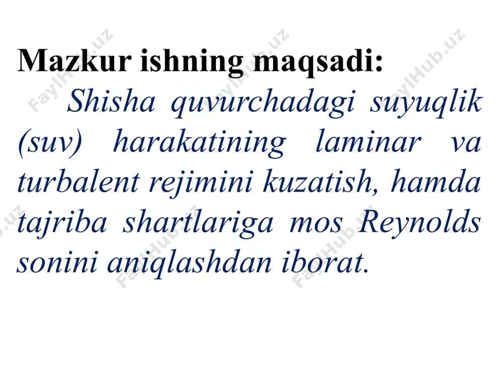 re<rekr=2300 da kuzatiladi. laminar rejimdagi gidravlik qarshiliklar birinchi darajali tezlikka, birinchi kuchdagi tezlik bilan mutanosib, turbulentdagilari esa "m”darajadagi tezlikka mutanosibdir, bunda m=1.75 ÷ 2.0. uskuna tarkibi va ish bajarish tartibi suv harakati rejimlarini kuzatish uchun reynolds asbobi deb nomlanadigan uskuna qo‘llaniladi. uskuna sxemasi 1-rasmda keltirilgan. reynolds asbobining asosiy qismi bo‘lib o‘rganilayotgan suv oqimi o‘tuvchi shisha quvurcha (2) xizmat qiladi. quvur o‘tkazgich 5 dan suv tinchlantirgich 8 ning qopqog‘i ostiga va napor qozoni 1ga uzatiladi; qozonda suv sathi pereliv 6 yordamida bir xil saqlanib turadi. suv qozondan konus naycha – soplo orqali tartiblashtiruvchi kran va chiqarib tashlovchi quvurcha bilan tugaydigan shisha quvurcha 2 ga uzatiladi. chiqarib tashlovchi quvurchadan suv berkituvchi kran va shkalali suv o‘lchash quvurchaga ega o‘lchov idishiga tushadi. idish 3 da qisqich orqali rezina quvurcha bo‘ylab o‘rganilaetgan oqimga uzatili beriluvchi bo‘yoq bo‘ladi. uskunani bo‘shatish uchun kran va quvurcha 7 xizmat qiladi. termometr suv haroratini o‘lchash uchun xizmat qiladi. uskuna …