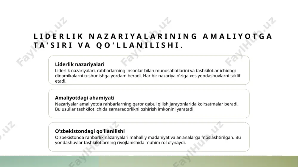 . xalqaro tajribalar xalqaro tajribalar, rahbarlik nazariyalarini ishlab chiqishda muhim rol o'ynaydi. har xil madaniyatlar orasidagi farqlar, samarali yondashuvlarni belgilaydi. rahbarlik nazariyalari rahbarlik nazariyalari, liderlik uslublarini tushunishda asosiy o'rin tutadi. transformatsion va tranzaktsion liderlik, global tajribalar asosida rivojlanmoqda. o'zbekiston va global o'zbekiston, xalqaro tajribalarni o'z ichiga olgan holda, rahbarlik uslublarini moslashtiradi. bu, mahalliy madaniyat va qadriyatlar bilan uyg'unlashadi. o'zbek rahbarlarining uslublari: an'analar va yangiliklar. 1 an'anaviy uslublar - o'zbek rahbarlari an'anaviy uslublarda ko'proq qattiq rahbarlik, jamoaviy ishlash va hurmatga asoslangan yondashuvlardan foydalanadi. 2 yangiliklar va o'zgarishlar - zamonaviy o'zbekistonda rahbarlar yangi menejment strategiyalarini qabul qilib, innovatsion yondashuvlar va texnologiyalardan foydalanmoqdalar. 3 madaniyat ta'siri - o'zbek madaniyati rahbarlik uslublariga chuqur ta'sir ko'rsatadi, bu esa an'anaviy qadriyatlar va zamonaviy tendentsiyalar o'rtasida muvozanat yaratadi. 4 o'ziga xos xususiyatlar - o'zbek rahbarlik uslublari o'ziga xos xususiyatlarga ega bo'lib, ular milliy qadriyatlar, an'analar va global ta'sirlarni o'z ichiga oladi. xulosa 1 liderlik va rahbarlik uslublari …