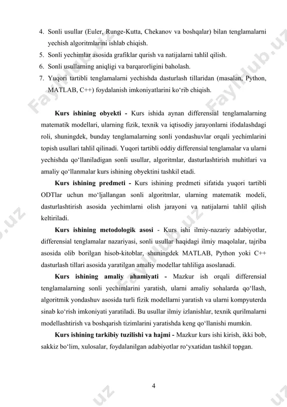 i tasvirlaydi. differensial tenglamalar real hayotdagi dinamik tizimlarning matematik modellarini tuzishda asosiy vositadir. masalan, modellashtirilayotgan obyekt qandaydir boshlang‘ich holatga ega bo‘lsa va vaqt o‘tishi bilan bu holat qanday o‘zgarishini aniqlash lozim bo‘lsa, bu holatni tavsiflovchi qonun differensial tenglama ko‘rinishida bo‘ladi. oddiy differensial tenglamalar odatda fizikaviy qonunlar asosida tuziladi. masalan, nyutonning harakat qonuni, radioaktiv parchalanish qonuni, elektr zanjirlardagi tok kuchining o‘zgarishi kabi ko‘plab jarayonlar oddiy differensial tenglamalar orqali ifodalanadi. oddiy differensial tenglama umumiy ko‘rinishda noma’lum funksiyaning birinchi yoki undan yuqori tartibli hosilalari orqali ifodalanadi. agar tenglamada faqat birinchi tartibli hosila ishtirok etsa, u birinchi tartibli differensial tenglama deyiladi. agar tenglamada ikkinchi, uchinchi yoki undan yuqori tartibli hosilalar bo‘lsa, u yuqori tartibli differensial tenglama deb ataladi. yuqori tartibli tenglamalar murakkab tizimlar harakatini chuqurroq tahlil qilish imkonini beradi. oddiy differensial tenglamalarni o‘rganishda birinchi navbatda ularning umumiy va xususiy yechimlarini topish muhim ahamiyatga ega. umumiy yechim – bu tenglamani qanoatlantiruvchi funksiyalar oilasidir, unda bir …