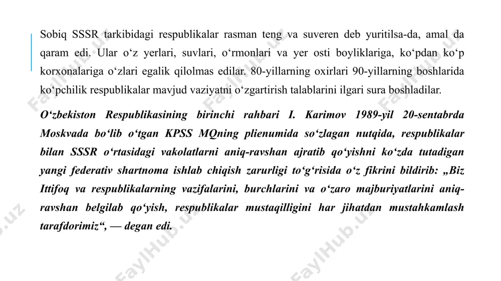 shuvda mustaqil davlatlar ittifoqi (mdi) tuzish masalasi muhokama qilindi. mulk, til va yangi shartnomani tasdiqlash tartibi to‘g‘risida keskin munozara bo‘ldi. uchrashuvda ishtirokchilarning fikr-mulohazalari asosan inobatga olingan "mustaqil davlatlar ittifoqi to‘g‘risida shart noma" loyihasi ishlab chiqildi. "mustaqil davlatlar ittifoqi to‘g‘risida shartnoma" loyihasi tayyorlandi. ammo hamma rozi bo‘lgani holda „mustaqil davlatlar ittifoqi to‘g‘risidagi shartnoma“ni imzolash 1991-yil 20-avgust kuniga qoldirildi. image2.jpeg image3.jpeg image4.jpeg image5.jpeg /docprops/thumbnail.jpeg