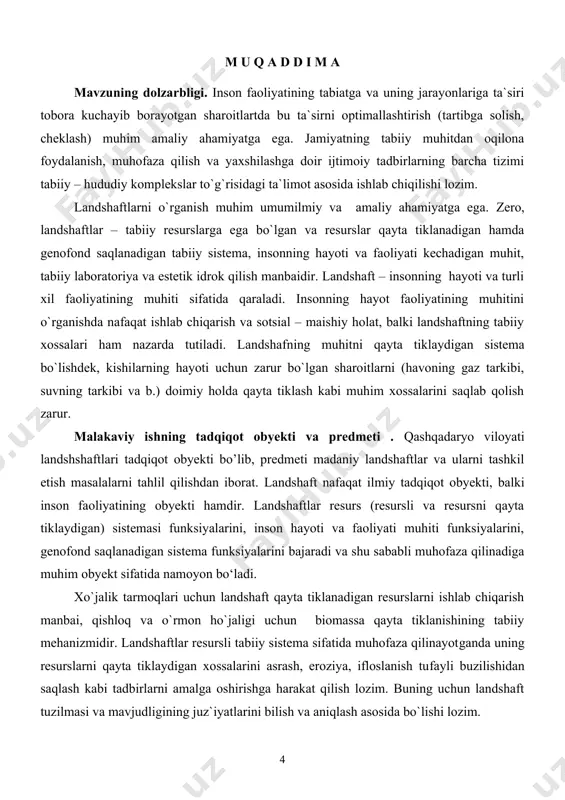 an, internet materiallaridan foydalanildi. bitiruv malakaviy ishini yozishda adabiyotlardan, turli geografik ma`lumotnomalardan, viloyat tabiatni muhofaza qilish va boshqa tashkilotlarning ma`lumotlaridan foydalanildi. bitiruv malakaviy ishni bajarishda qiosiy-geografik, majmuiy-geografik metodlardan, dala sharotlarida to`plangan ma`lumotlardan va kartografik materiallardan foydalanildi. bitiruv malakaviy ish mavzusi bo`yicha talabalarning konferensiyasiga “qashqadaryo viloyatining madaniy landshaftlari” mavzusida ma’ruza taqdim qilingan. 1-bob. qashqadaryo viloyatining landshaft xususiyatlari 1.1. “landshaft” to`g`risida umumiy tushuncha “landshaft” xalqaro miqyosda tan olingan ilmiy termindir. geografiyaning rivojlanishida landshaft (geosistema, tabiiy hududiy kompleks) konsepsiyasi eng muhim nazariy qoidalardan biri hisoblanadi. landshaft so`zi ilk bor ix asrda fuld monastiri monarxlarining ishlarida uchraydi. u ilohiyot mutaxassisi tatianning “injil garmoniyasi”ni lotinchadan tarjima qilishda lotincha region (rayon, o`lka, mamlakat) so`zini “yagona qavmning yagona muqaddas yeri (~ jannat monand yer), germaniyada umumqabul qilingan planga muvofiq tartibga solingan hudud…” ma’nolarini anglatadigan landshaft so`zi bilan almashtirilgan. keyinchalik bu tushuncha sekin-asta dastlabki ma’nosidan uzoq bo`lgan tushunchaga aylan(tiril)gan. landshaft ma’muriy-hududiy va hududiy tushunchaga aylandi. xvi asrda landshaft …