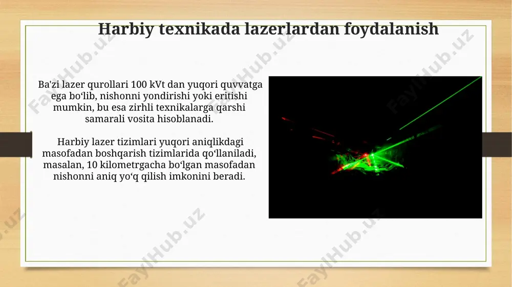 populyatsiya inversiyasi holati hosil qilinadi va bu jarayon 600 nm dan 1064 nm gacha to'lqin uzunliklarida lazer nurini hosil qilishga imkon beradi. lazer xususiyatlari lazer nurining koherentligi tufayli, uning toʻlqinlari fazada va vaqtda bir-biriga mos keladi, bu esa lazer nuri intensivligini ancha oshiradi va uzoq masofalarga tarqalishiga imkon beradi. lazer nurining monoxromatikligi yuqori boʻlib, toʻlqin uzunligining tarqalishi atigi 1 nm dan kamni tashkil etadi, bu esa lazer nurini juda aniq va yoʻnaltirilgan qiladi. kelajakda lazer texnologiyalari kelajakda lazerlar 100 teravattdan yuqori quvvatga ega boʻlib, nazoratli termoyadroviy sintezda muhim rol oʻynaydi, bu esa energiya ishlab chiqarishda inqilob yaratadi. tibbiyotda lazer jarrohligi 5g tarmoqlari bilan birlashtirilib, masofadan turib murakkab operatsiyalarni amalga oshirish imkoniyatini beradi, bu esa bemorlarning sogʻligʻini sezilarli darajada yaxshilaydi. lazer xavfsizligi lazer nurlanishiga ta'sir qilish vaqti 0,25 soniyadan oshmasligi kerak, chunki bu vaqtdan keyin ko'z to'r pardasida kuyish xavfi ortadi. ko'z himoyasi vositalaridan foydalanish majburiydir. 1 mvatt quvvatli lazer nurlarining …