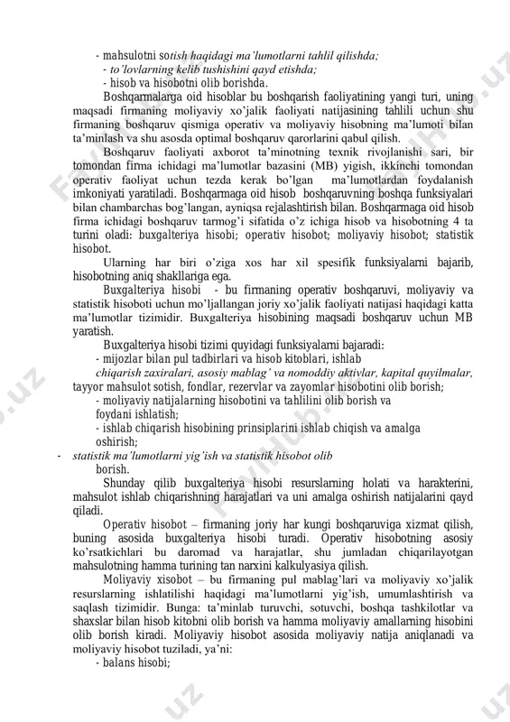 yojini aniqlash; - butun kerak bo’lgan axborot bilan ta’minlash maqsadida firmani va har bir boshqaruvchini texnik vositalarga bo’lgan ehtiyojini aniqlash; - axborot tizimini uzluksiz ishlashini ta’minlash maqsadida texnik vositalarni sotib olish, arenda qilishga ketadigan hamma harajatlarni markazlashgan holda rejalashtirish; - axborot tizimida texnik vositalarni ishlatishga ketadigan xarajatlar darajasini aniqlash (xizmat ko’rsatish personalini saqlash va o’qitish, foydalanilayotgan xonalar uchun to’lash, disketalar, lazer disklar, qog’ozlar va h.k.); - axborotni to’plash, saqlash va taqdim etishning yuqori darajasini ta’minlash; - dasturiy vositalar, amaliy dasturlarni ishlab chiqish. ishlab chiqarishni operativ boshqarish tizimida kompyuterlar quyidagi masalalarni yechish uchun ishlatiladi: - ishlab chiqarishning operativ rejalarini ishlab chiqish va ularning bajarilishini nazorat qilishda; - ishlab chiqarish jarayoni uchun kerak bo’lgan materiallarning zaxiralarini xarakatini nazorat qilishda; - maoshlarni hisoblashda; - zakazlarni kelishini nazorat qilishda; - mahsulotni sotish haqidagi ma’lumotlarni tahlil qilishda; - to’lovlarning kelib tushishini qayd etishda; - hisob va hisobotni olib borishda. boshqarmalarga oid hisoblar bu boshqarish faoliyatining …
