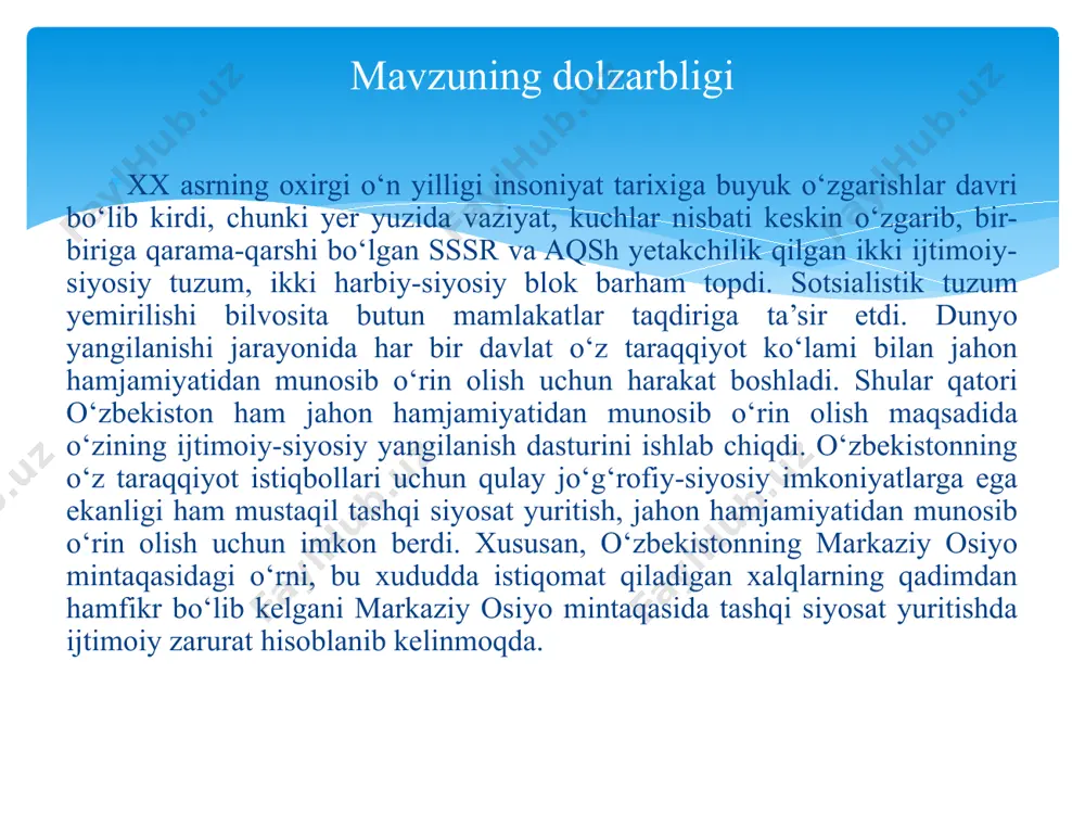 tinchlik yo‘lidagi hamkorlik” dasturiga qo‘shildi. o‘zbekiston respublikasi birinchi prezidenti i.a.karimov 1995 yil bmtning ellik yilligi munosabati bilan bosh assambleyaning maxsus tantanali yig‘ilishida so‘zlagan nutqida ham asosiy e’tiborni bu tashkilotning faoliyatini yanada kengaytirish bilan bir qatorda yana mintaqaviy xavfsizlik va barqarorlik, ekstremizm, terrorizm, narkobiznesga qarshi kurash masalalariga qaratdi. o‘zbekiston respublikasi prezidenti sh.m.mirziyoev 2017 yil sentyabrda bo‘lgan bmt bosh assambleyasining 72-sessiyasida nutq so‘zlab, zamonaviy dunyodagi ma’lum global muammolarga jahon hamjamiyatining e’tiborini qaratdi. jumladan, prezident o‘z nutqida afg‘onistonda tinchlik o‘rnatish, orol fojeasi, yoshlar ta’lim-tarbiyasi, ma’rifat, bag‘rikenglik masalalariga alohida to‘xtaldi. prezident sh.m.mirziyoev tomonidan “ma’rifat va diniy bag‘rikenglik” tamoyilini xalqaro tashkilot tomonidan qabul qilinishi to‘g‘risidagi taklif davlat rahbarlari va delegatsiyalari o‘rtasida yuksak e’tirofga sazovor bo‘ldi. o‘zbekiston tomoni afg‘onistonda tinchlik va barqarorlikni o‘rnatish yo‘lida e’tiborga molik tashabbuslar bilan chiqdi. xususan, prezident sh.m.mirziyoev tashabbusi bilan 2018 yilning 26-27 mart kunlari “tinchlik jarayoni, xavfsizlik sohasida hamkorlik va mintaqaviy sheriklik” mavzuida afg‘oniston bo‘yicha yuqori darajadagi toshkent xalqaro konferensiyasi bo‘lib …