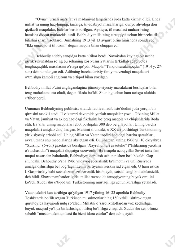hiqqan “padarkush” pʼyesasi taʼsirida “baxtsiz kuyov” degan teatr kitobini yozib yuborganimni oʻzim ham payqamay qoldim, degan eʼtirofini eslash kifoya. 1916 yilda toshkeshta kelib kolizeyda “turon”ning qator spektakllarini koʻrgan a. n. samaylovich yozadi: “turkistonda yangi adabiyot maydonga keldi. bu men uchun kutilgan hol edi… yangi adabiyotning markazi – samarqand… yesh qalamkashlarning bosh ilhomchisi samarqandlik mufti maxmudxoʻja behbudiydir”. 1913 yildan behbudiy matbuot ishlari bilan shugʻullandi. apreldan “samarqand” gazetasini chiqara boshladi. gazeta turkiy va forsiy tillarda, haftada ikki marta, dastlab ikki, soʻng toʻrt sahifada chop etilgan. 45-soni chiqib, moddiy tanqislik tufayli toʻxtagan. soʻng behbudiy shu yilning 30 avgustidan “oyna” jurnalini chiqara boshlaydi. “haftalik, suratlik bu majalla, asosan, oʻzbek tilida boʻlib, unda ixcham forsiy sheʼr, maqolalar, ruscha eʼlonlar ham berib boriladi… kavkaz, tatariston, eron, afgʻoniston, hindiston va turkiyagacha tarqalar edi… jadidlarning sevikli jurnallari edi…” deb yozgan edi ziyo said. behbudiy shu yillari nashr ishlari bilan qizgʻin shugʻullandi. a. v. pyaskovskiy uning oʻz bosmaxonasida fitratning …