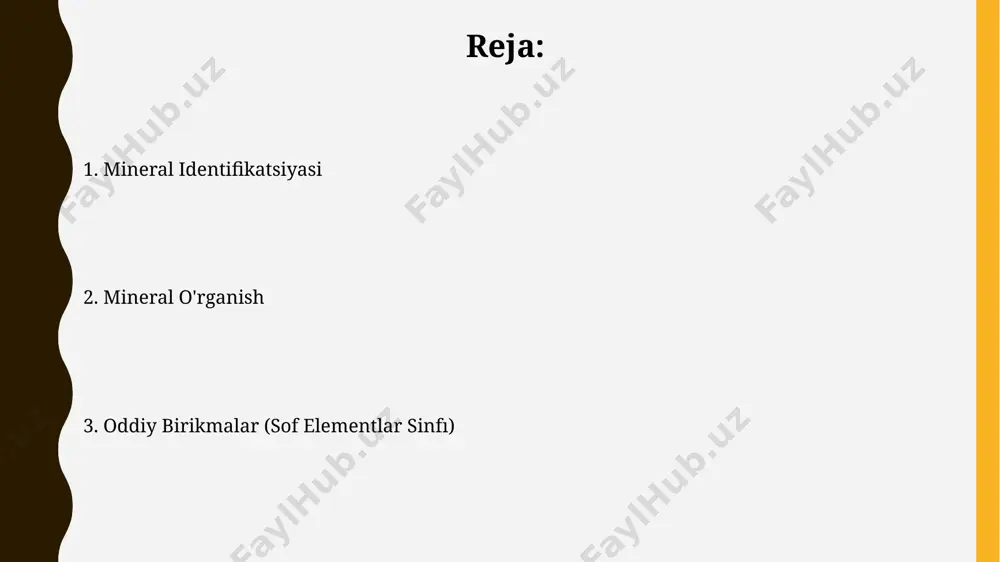 ilgan turmalin kristallarining qattiqligi mohs shkalasi bo'yicha 7-7,5 oralig'ida bo'lib, ularning aşınma qarshiligiga ta'sir qiladi. oddiy birikmalar haqida umumiy ma'lumot oddiy birikmalar, masalan, nacl (osh tuzi) kabi 2 ta elementdan tashkil topgan boʻlib, ularning nisbati doimiy va aniq formula bilan ifodalanadi. dunyoning turli burchaklarida, jumladan, oʻzbekistonning naxchiyon viloyatida ham, ushbu birikmalarning tabiiy konlari mavjud. oddiy birikmalarning ko'pchiligi tabiiy minerallarning asosiy tarkibiy qismlarini tashkil qiladi. misol uchun, kaltsiy karbonat (caco3) tosh ohak va marmarning asosiy tarkibiy qismidir va dunyo bo'ylab 1000 dan ortiq joylarda uchraydi. mineral tarkibini aniqlash mineral tarkibini aniqlashda, masalan, namangan viloyatida topilgan feldspat minerallarida kaliy (k), natriy (na) va kaltsiy (ca) elementlarining nisbatini aniqlash uchun kimyoviy tahlil usullari, jumladan, og'irlik usuli va titrlash usullari qo'llaniladi. o'zbekistonning olmaliq kon-metallurgiya kombinatida ishlab chiqarilgan mis rudalarining tarkibini aniqlashda, atom-emissiya spektroskopiyasi yordamida 30 dan ortiq elementning miqdori aniqlanadi va bu natijalar ru da 95% ishonchlilik darajasiga ega. kimyoviy tahlil usullari induktiv bog'langan …
