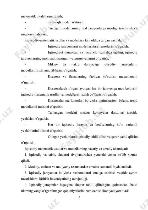 jarayonlarni modellashtirish tamoyil-larini o’rgatish; · korxona va firmalarning faoliyat ko’rsatish mexanizmini o’rgatish; · korxonalarda o’rganilayotgan har bir jarayonga mos keluvchi iqtisodiy-matematik usullar va modellarni tuzish yo’llarini o’rgatish; · korxonalar ma’lumotlari bo’yicha optimizasion, balans, trend modellarini tuzishni o’rgatish; · tanlangan modelni maxsus kompyuter dasturlari asosida yechishni o’rgatish; · har bir iqtisodiy jarayon va hodisalarning ko’p variantli yechimlarini olishni o’rgatish; · olingan yechimlarni iqtisodiy tahlil qilish va qaror qabul qilishni o’rgatish. iqtisodiy-matematik usullar va modellarning nazariy va amaliy ahamiyati: 1. iqtisodiy va tabiiy fanlarni rivojlantirishda yetakchi vosita bo’lib xizmat qiladi. 2. moddiy, mehnat va moliyaviy resurslardan amalda samarali foydalaniladi. 3. iqtisodiy jarayonlar bo’yicha bashoratlarni amalga oshirish vaqtida ayrim tuzatishlarni kiritish imkoniyatining mavjudligi. 4. iqtisodiy jarayonlar faqatgina chuqur tahlil qilinibgina qolmasdan, balki ularning yangi o’rganilmagan qonuniyatlarini ham ochish ikoniyati yaratiladi. 5. murakkab hisoblash ishlarini kompyuterlashtirish va avtomatlashtirishni osonlashtirish bilan birga, aqliy mehnat yengillashtiriladi, boshqaruv va iqtisodiy soha xodimlarining mehnatini ilmiy asosda tashkil etishga …