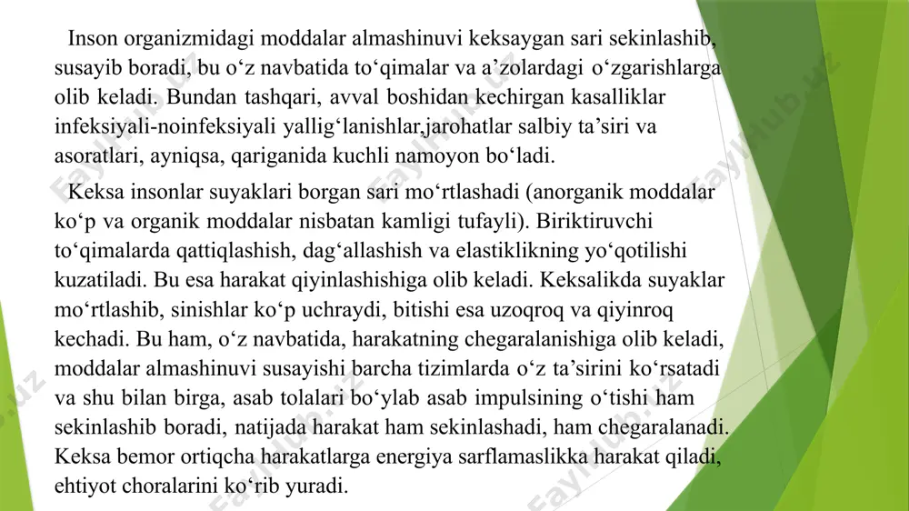 poyabzallardan foydalanish; 2) kinezioterapiya, ya'ni harakatchanlik va o'z-o'zini parvarish qilish ko'nikmalarini tiklash bo'yicha mashqlar; 3) fizioterapiya va suv muolajalari; 4) jismoniy va ruhiy reabilitatsiyani rag'batlantiruvchi farmakoterapiya; 5) ratsional ovqatlanish (kasallikka qarab ovqatlanish), psixoterapiya; 6) kasbiy terapiya, ya'ni maxsus tanlangan kasblar bilan kasbiy terapiya. yotoqda qolgan qariyalarda harakatchanlikni tiklash uchun passiv va faol usullaridan foydalanish mumkindir. odatda passiv usul vosita buzilishidan so'ng darhol qo'llaniladi. bu yaqinlar yoki hamshira yordamida bajariladigan massaj va passiv gimnastikani o'z ichiga oladi. faol tiklanish bemorning o'zi tomonidan amalga oshiriladi. passiv va faol tiklanish bosqichlari kasallik sababiga, keksa odamning yoshi va umumiy holatiga qarab har xil davomiylikka ega bo'lishi mumkin. bemorning ruhiy holati, uning mustaqilligini imkon qadar tezroq tiklash istagi muhim rol o'ynaydi. ko’rsatma :yuqorida sanab o’tilgan barcha kasalliklar. monelik:kasallikning o’tkir davri va boshqalar. katta yoshdagi bemorlar kasalliklarda reabilitatsiyaga ko`rsatma va mone`liklar. image1.jpeg image2.jpeg image3.jpeg image4.jpeg image5.jpeg image6.jpeg image7.jpeg image8.jpeg image9.jpeg image10.jpeg image11.jpeg image12.jpeg image13.jpeg image14.jpeg image15.jpeg …