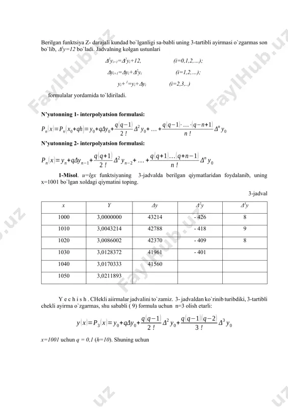 ribdiki, 3-tartibli chekli ayirma o`zgarmas, shu sababli ( 9) formula uchun n=3 olish etarli: x=1001 uchun q = 0,1 (h=10). shuning uchun 2-misol. u=lgx funktsiyaning 4-jadvalda bermlgan qiymatlaridan foydalanib, uning x=1044 dagi qiymatini hisoblang (h=10). 4- jadval x y 1000 3,0000000 1010 3,0043214 1020 3,0086002 1030 3,0128372 1040 3,0170333 1050 3,0211893 yechish. chekli ayirmalar jadvalini to`zamiz: -jadval x u u 2u 3u 1000 3,0000000 73214 - 426 8 1010 3,0043214 42788 - 418 9 1020 3,0086002 42370 - 409 8 1030 3,0128372 41961 - 401 1040 3,0170333 41560 1050 3,0211893 xn =1050 bo`lsin, u xolda 5- jadvaldagi tagiga chizilgan ayirmalardan foydalangan xolda ( 14) formulaga asosan quyidagiga ega bo`lamiz: ko’rinishi noma'lum bo’lgan y=f(x) funktsiyaning yi=f(xi) qiymatlari bеrilgan va f(x) funktsiyaning biror x=c nuqtadagi qiymatini topish zarur bo’lsin. bunday zaruratni xal etish uchun funktsiyalarni intеrpolyatsiyalash qo’llaniladi. intеrpolyatsiyalash formulalarining bir qancha turlari bor. taqribiy hisoblash usullarini o’rganishda nyutonning 1- va 2- intеrpolyatsion …