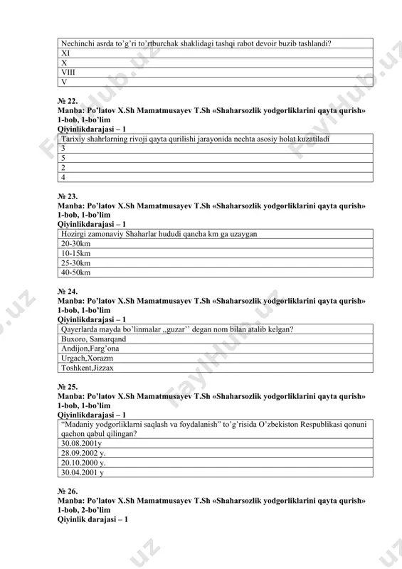 entlariga № 30. manba: po’latov x.sh mamatmusayev t.sh «shaharsozlik yodgorliklarini qayta qurish» 1-bob, 2-bo’lim qiyinlik darajasi – 1 zamonaviy shaharsozlikda tarixiy shahar rejasini tuzishda nimalarga e’tibor berish kerak? shaharning rejaviy tuzilishiga shaharning tashqi panoramalari va siluetiga shahar majmualarining ichki tuzilishiga shaharda arxitektura yodgorliklarini davrlarga bo’lishga № 31. manba: po’latov x.sh mamatmusayev t.sh «shaharsozlik yodgorliklarini qayta qurish» 1-bob, 2-bo’lim qiyinlik darajasi – 2 tarixiy shahar markazlarining asosiy komponentlari nimalardan iborat? shahar maydoni (registon), me’moriy yodgorliklari, ansambllari, guzar va mahallalari, shahar ko’chalaridan shaharning tarixan shakllangan muhitini zamonaviy binolar bilan uzviy bog’likligini vujudga keltirishdan tadqiqot ishlarini olib borishdan shaharning rejaviy tuzilishidan № 32. manba: po’latov x.sh mamatmusayev t.sh «shaharsozlik yodgorliklarini qayta qurish» 1-bob, 2-bo’lim qiyinlik darajasi – 2 binolarning qaysi turlari boshqa turdagi binolarning me’moriy–tarxiy shakllanishiga asos bo’lgan? turar joy uylari diniy binolar jamoat binolari maxobatli binolar № 33. manba: po’latov x.sh mamatmusayev t.sh «shaharsozlik yodgorliklarini qayta qurish» 1-bob, 2-bo’lim qiyinlik darajasi – …