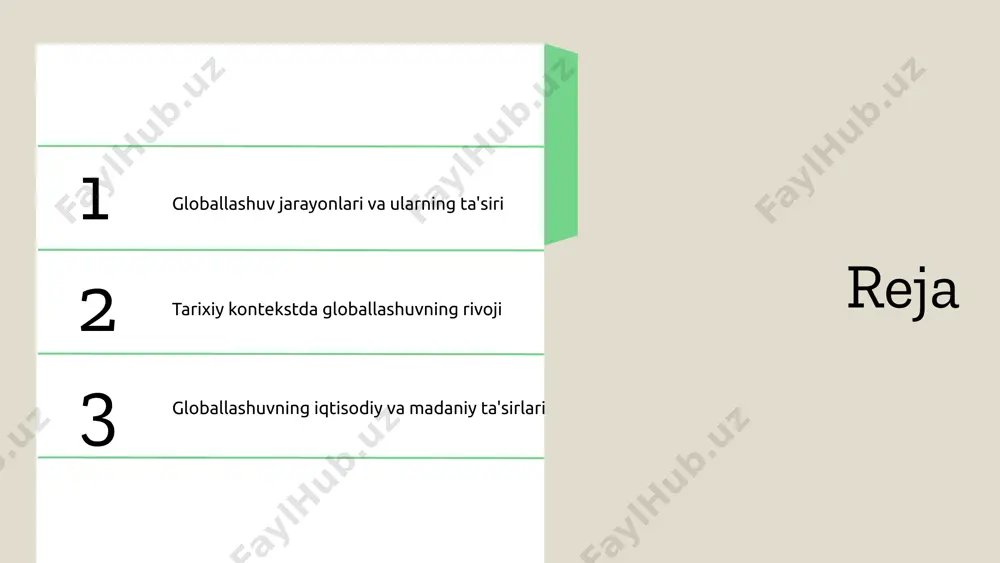 yangi bozorlar, texnologik taraqqiyot va xalqaro hamkorlik. zaif tomonlar zaif tomonlar: iqtisodiy tengsizlik, madaniy yo'qotish, mahalliy iqtisodiyotni zararlanishi va ijtimoiy ziddiyatlar. sarlavha: globallashuv va uning kelajagi mavzu: kelajakdagi rivojlanish tendensiyalari globallashuv jarayoni o'zbekistonga yangi imkoniyatlar taqdim etmoqda: - xalqaro bozorlarni ochish va iqtisodiy hamkorlikni rivojlantirish - innovatsion texnologiyalarni joriy etish orqali iqtisodiy o'sish shu bilan birga, o'zbekiston uchun muammolar ham mavjud: - iqtisodiy raqobat va resurslarni boshqarish - ijtimoiy adolatni ta'minlash zarurati global iqtisodiyotda o'zbekistonning roli: - mamlakatning geosiyosiy joylashuvi va tabiiy resurslari - xalqaro investitsiyalarni jalb qilish orqali iqtisodiy barqarorlikni ta'minlash o'zbekiston, globallashuv jarayonidan to'g'ri foydalanish uchun strategiyalar ishlab chiqishi zarur. tarixiy kontekstda globallashuvning rivoji globallashuv jarayoni tarix davomida bir necha muhim bosqichlardan o'tdi. 19-asrda sanoat inqilobi davrida iqtisodiy globallashuv kuchayib, xalqaro savdo va investitsiyalar tez o'sdi. keyinchalik, 20-asrda, ikkinchi jahon urushidan keyin bmt va boshqa xalqaro tashkilotlarning tashkil etilishi siyosiy globallashuvni kuchaytirdi. 1960-yillarda madaniy globallashuv global kommunikatsiya vositalarining …