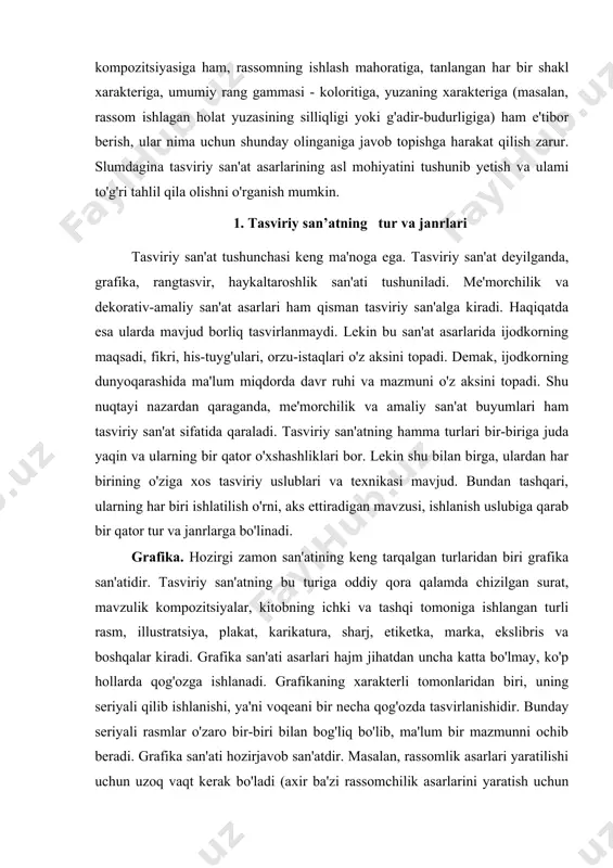 shu bilan birga, ulardan har birining o'ziga xos tasviriy uslublari va texnikasi mavjud. bundan tashqari, ularning har biri ishlatilish o'rni, aks ettiradigan mavzusi, ishlanish uslubiga qarab bir qator tur va janrlarga bo'linadi. grafika. hozirgi zamon san'atining keng tarqalgan turlaridan biri grafika san'atidir. tasviriy san'atning bu turiga oddiy qora qalamda chizilgan surat, mavzulik kompozitsiyalar, kitobning ichki va tashqi tomoniga ishlangan turli rasm, illustratsiya, plakat, karikatura, sharj, etiketka, marka, ekslibris va boshqalar kiradi. grafika san'ati asarlari hajm jihatdan uncha katta bo'lmay, ko'p hollarda qog'ozga ishlanadi. grafikaning xarakterli tomonlaridan biri, uning seriyali qilib ishlanishi, ya'ni voqeani bir necha qog'ozda tasvirlanishidir. bunday seriyali rasmlar o'zaro bir-biri bilan bog'liq bo'lib, ma'lum bir mazmunni ochib beradi. grafika san'ati hozirjavob san'atdir. masalan, rassomlik asarlari yaratilishi uchun uzoq vaqt kerak bo'ladi (axir ba'zi rassomchilik asarlarini yaratish uchun 15-20 yil kerak bo'lgan), grafika san'ati asarlarida esa shu bugun sodir bo'lgan voqea shu bugunoq o'z aksini topishi mumkin. grafika san'atida …