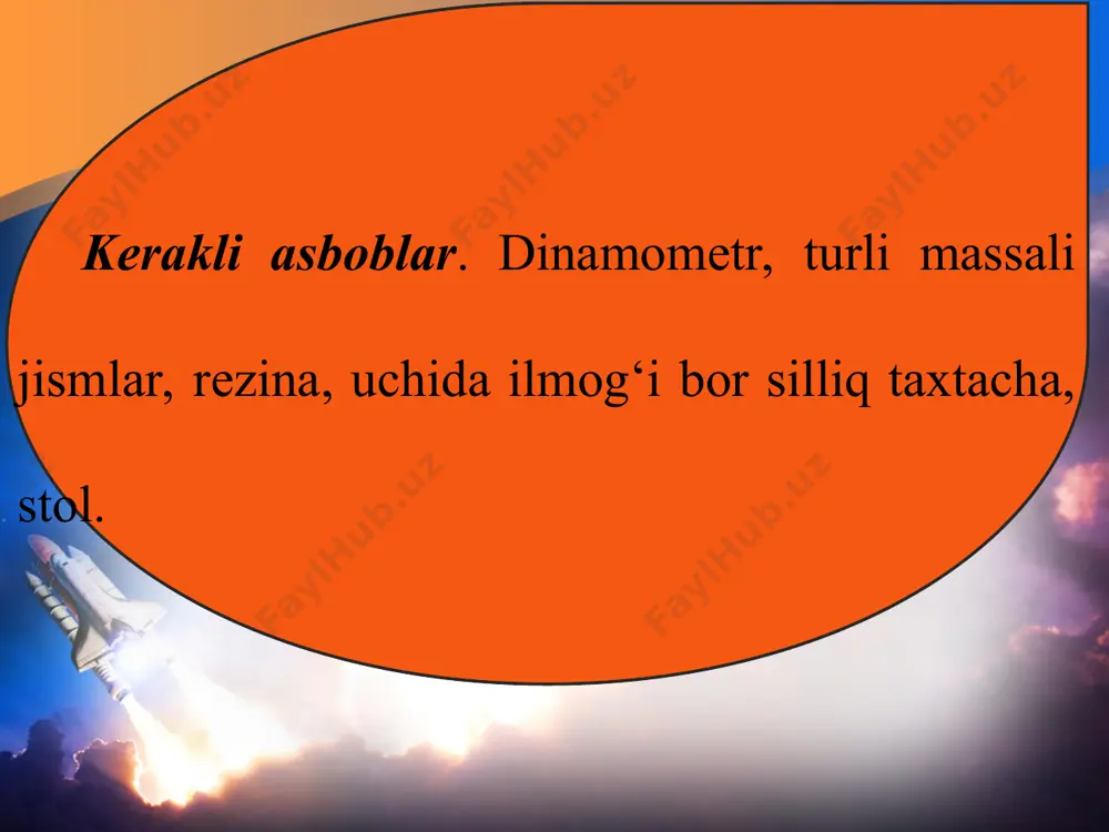 idan rezina cho‘zilishi tufayli hosil bo‘lgan elastiklik kuchi aniqlanadi.