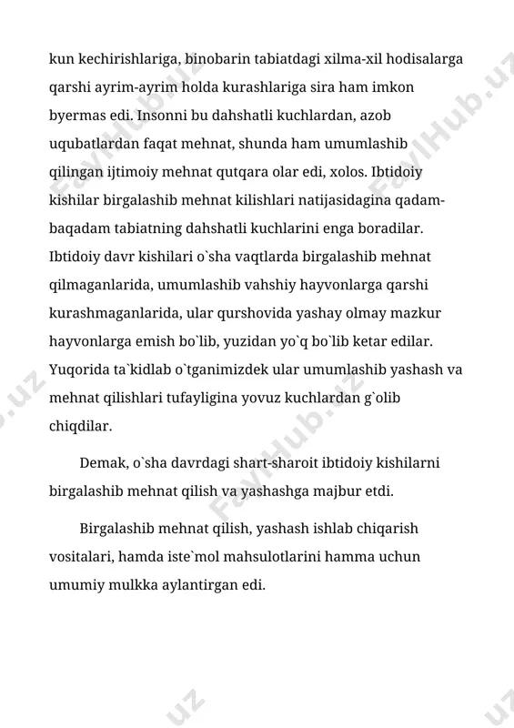 ir. eng oddiy mehnat qurollariga ega bo’lgan ibtidoiy odam yakka-yakka holda tabiat kuchlariga va hayvonlarga qarshi kurasha olmas edi. shuning uchun ibtidoiy odamlar jamoa ravishda mehnat qilib, o’z mehnatlarining mahsulini teng taqsimlar edilar. i. j. iborasi juda buyuk kash-fiyot hisoblanib, u birinchi navbatda eta. olim l. g. morgan nomi bilan bog’liq. l. g. morgan o’zining "qadimgi jamiyat" (1877) asarida juda boy etn. materiallarga asoslangan holda ilmiy olamda birinchi bo’lib, kishilik tarixining dastlabki sinfiy jamiyatga qadar bo’lgan davrini ikki bosqichga bo’lgan: 1-bosqichni "ibtidoiy tuda", 2-bosqichni esa "ibtidoiy urug’chilik jamoasi" deb atadi. ibtidoiy tuda bo-sqichi o’z mazmun va mohiyati bilan ilk ajdodlarimizning "hayvonot" olamidan ajralib insoniyat olamiga o’tish davri bilan harakterlanadi. l. g. morgan bu bosqichni i. j. ga kiritmagan. aslida i. j. urug’chilik jamoasini vujudga kelishi bilan boshlanadi. l. g. morgan fikriga f. engels va v. i. leninpar qo’shilsada, ammo ular urug’chilik jamoasi davrini "ibtidoiy kommuna", "qadimgi kommunizm" iboralari bilan almashtirib …